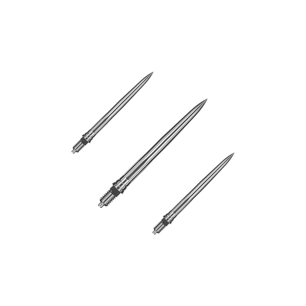 Špičky šipek Caliburn EZ-EVO - hladké - stříbrné Das Bild zeigt ein Set aus glatten silbernen Dartspitzen. Die Spitzen sind ordentlich nebeneinander angeordnet.