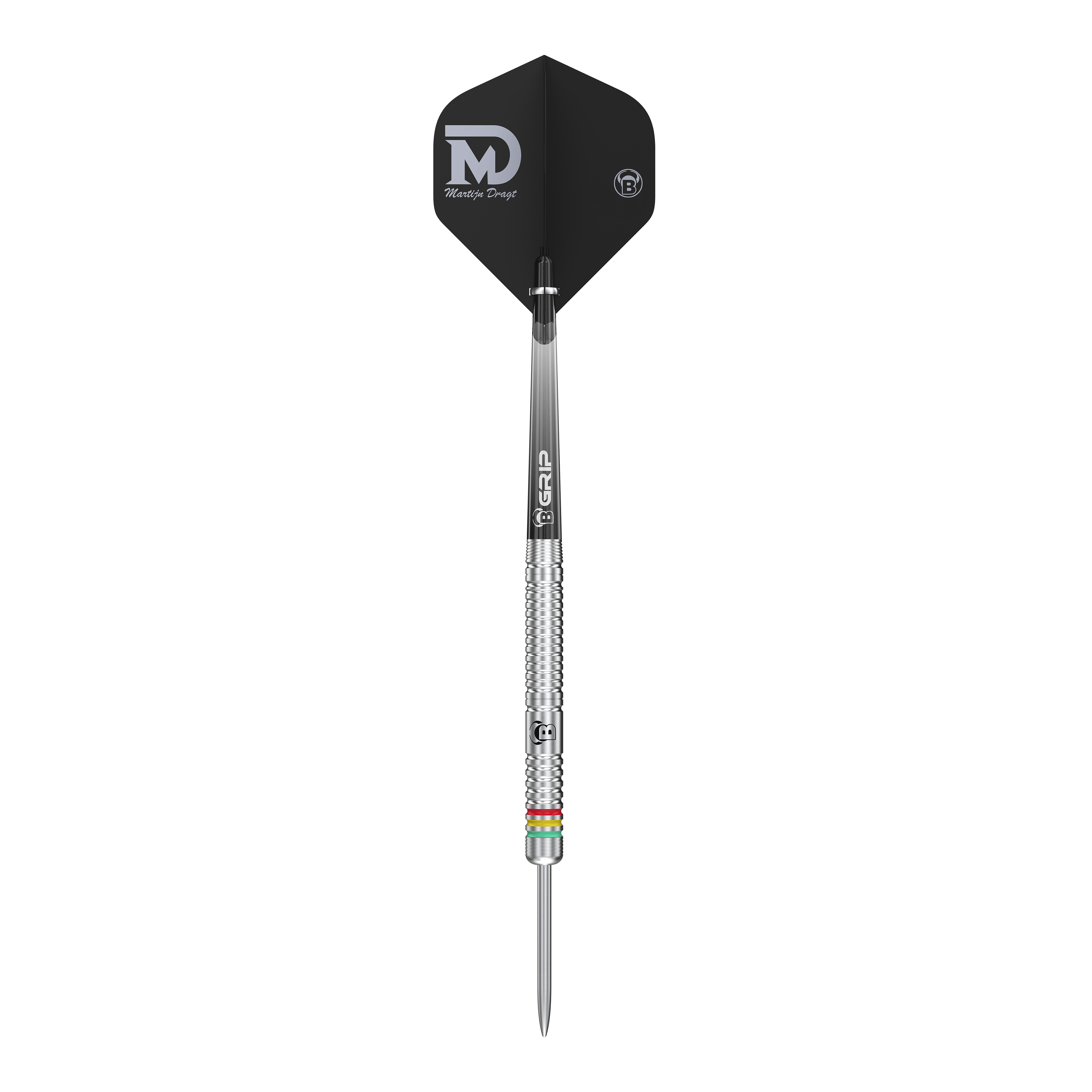 Dies ist ein Steeldart mit silbernem Schaft und schwarzem Flight, auf dem "Martijn Dragt" steht. Das Produkt heißt "Bulls Martijn Dragt Steeldarts - 24g".