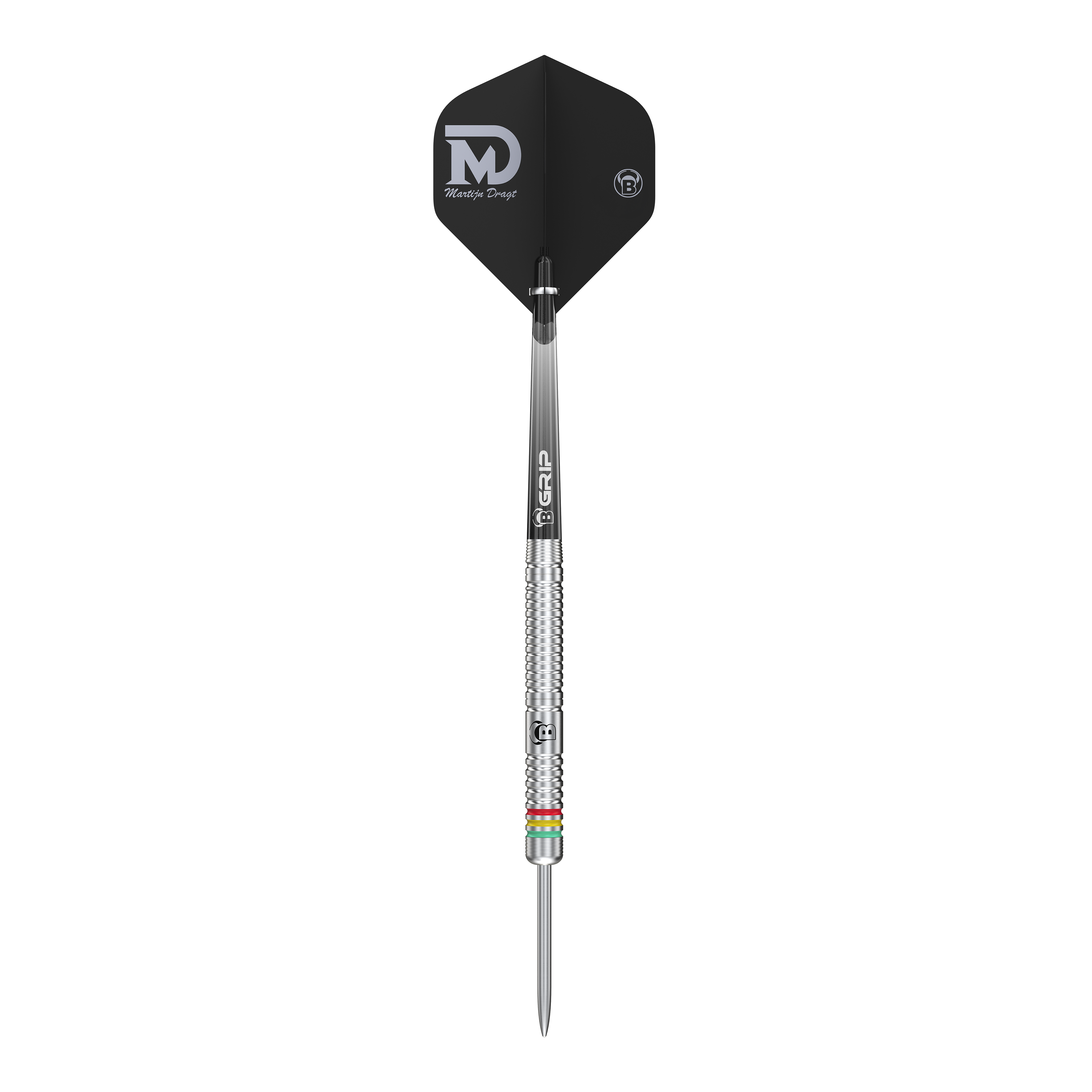 Bulls Martijn Dragt Steel Darts - 24g Dies ist ein Steeldart mit silbernem Schaft und schwarzem Flight, auf dem "Martijn Dragt" steht. Das Produkt heißt "Bulls Martijn Dragt Steeldarts - 24g".