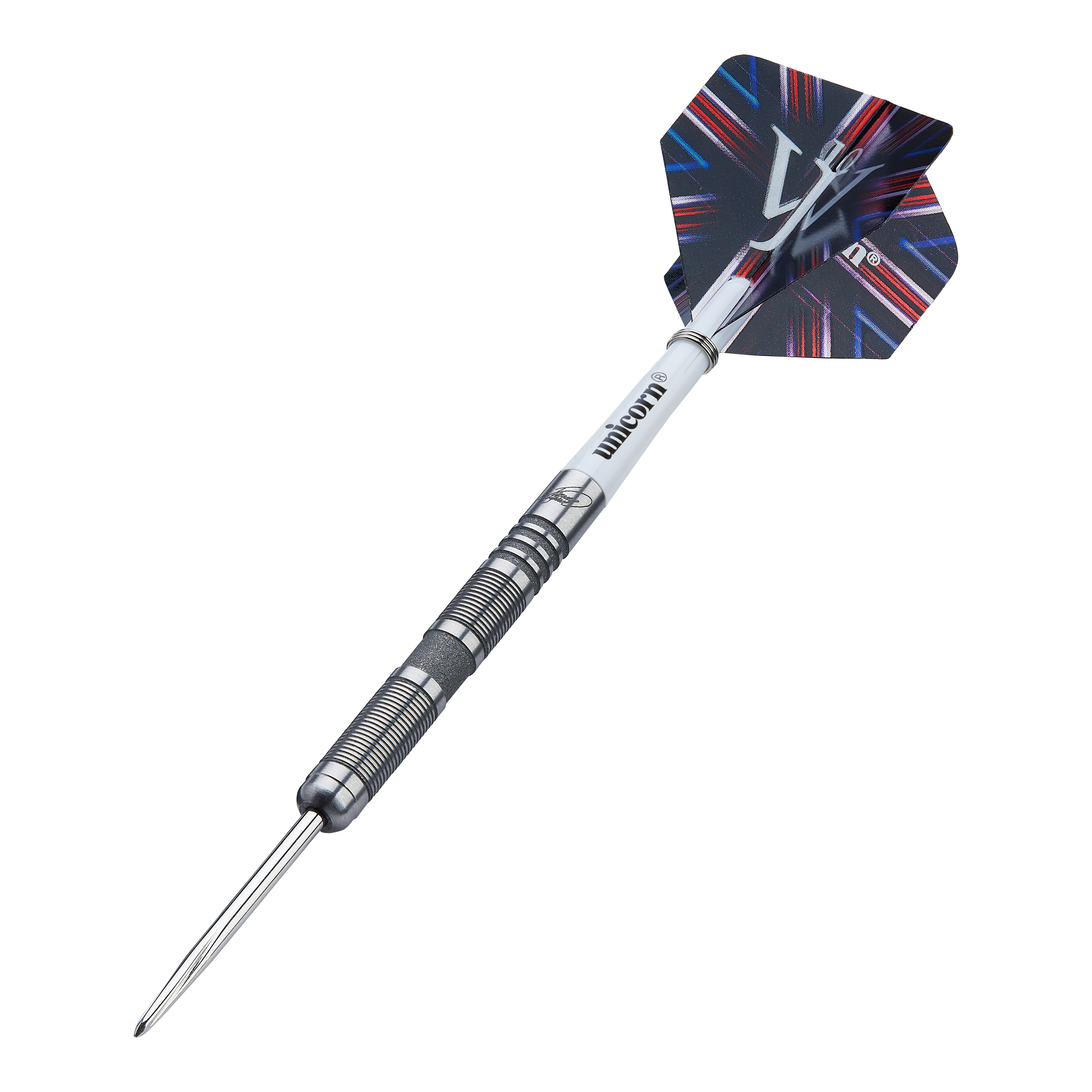 Ocelové šipky Unicorn James Wade The Machine Range Fáze 4 Auf dem Bild ist ein Steeldart der Marke Unicorn aus der James Wade The Machine Range Phase 4 zu sehen. Der Dart hat ein silbernes, geriffeltes Barrel und einen schwarz-blauen Flight mit auffälligem Muster.