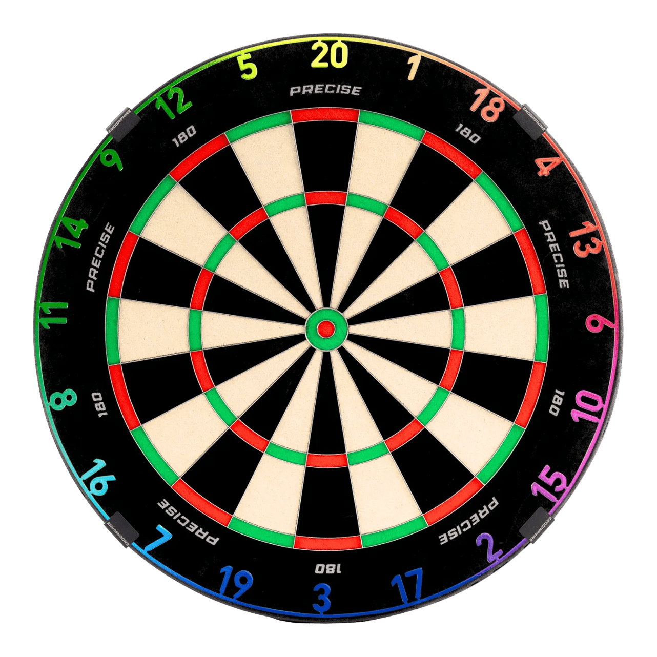 Přesná ocelová terčová target ... Zu sehen ist das Precise 180 Endorphine Steeldartboard mit Nummernring – Spectrum. Das Dartboard ist frontal abgebildet.