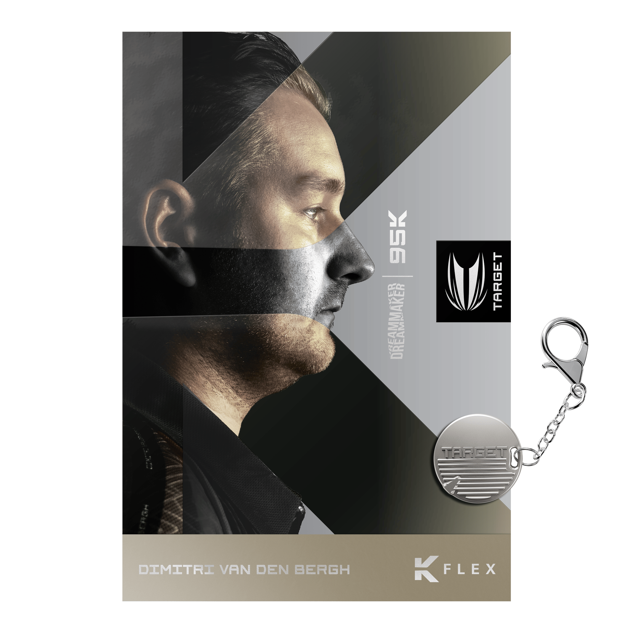 Target Dimitri Van Den Bergh 95K Swiss Point Steeldarts werden angezeigt. Das Bild zeigt das Aussehen und Design der Steeldarts.