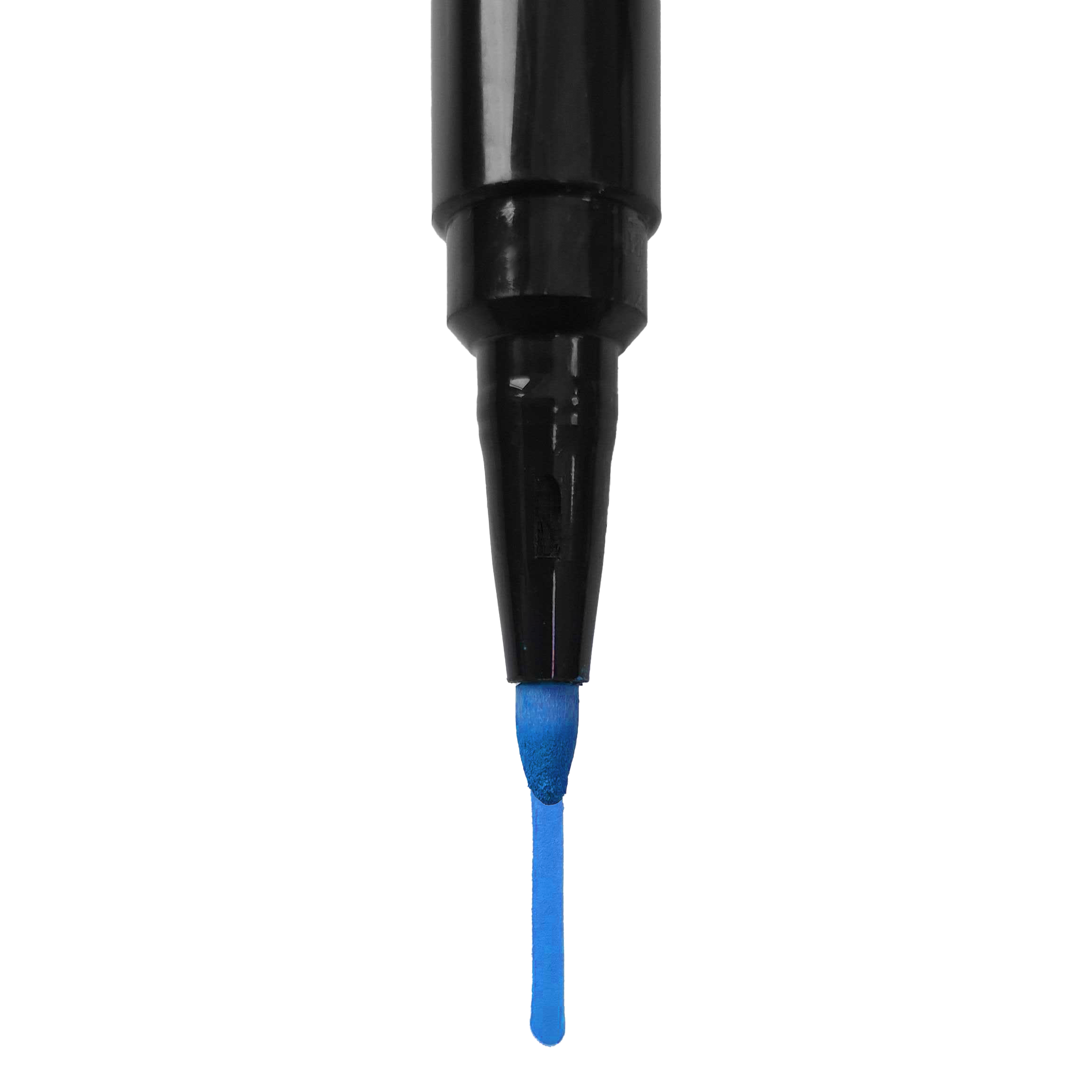 Auf dem Bild ist die Spitze eines blauen Boardmarkers zu sehen. Der Stift ist senkrecht ausgerichtet und die Kappe ist abgenommen.