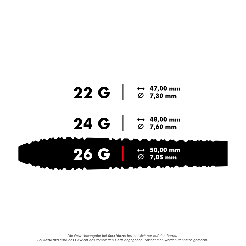 190057_Target_Bolide_03_Swiss_Point_Steeldarts_5_26g Das Bild zeigt die Produktspezifikationen für die Target Bolide 03 Swiss Point Steeldarts. Die Darts wiegen 26 Gramm, sind 50,00 mm lang und haben einen Durchmesser von 7,85 mm.