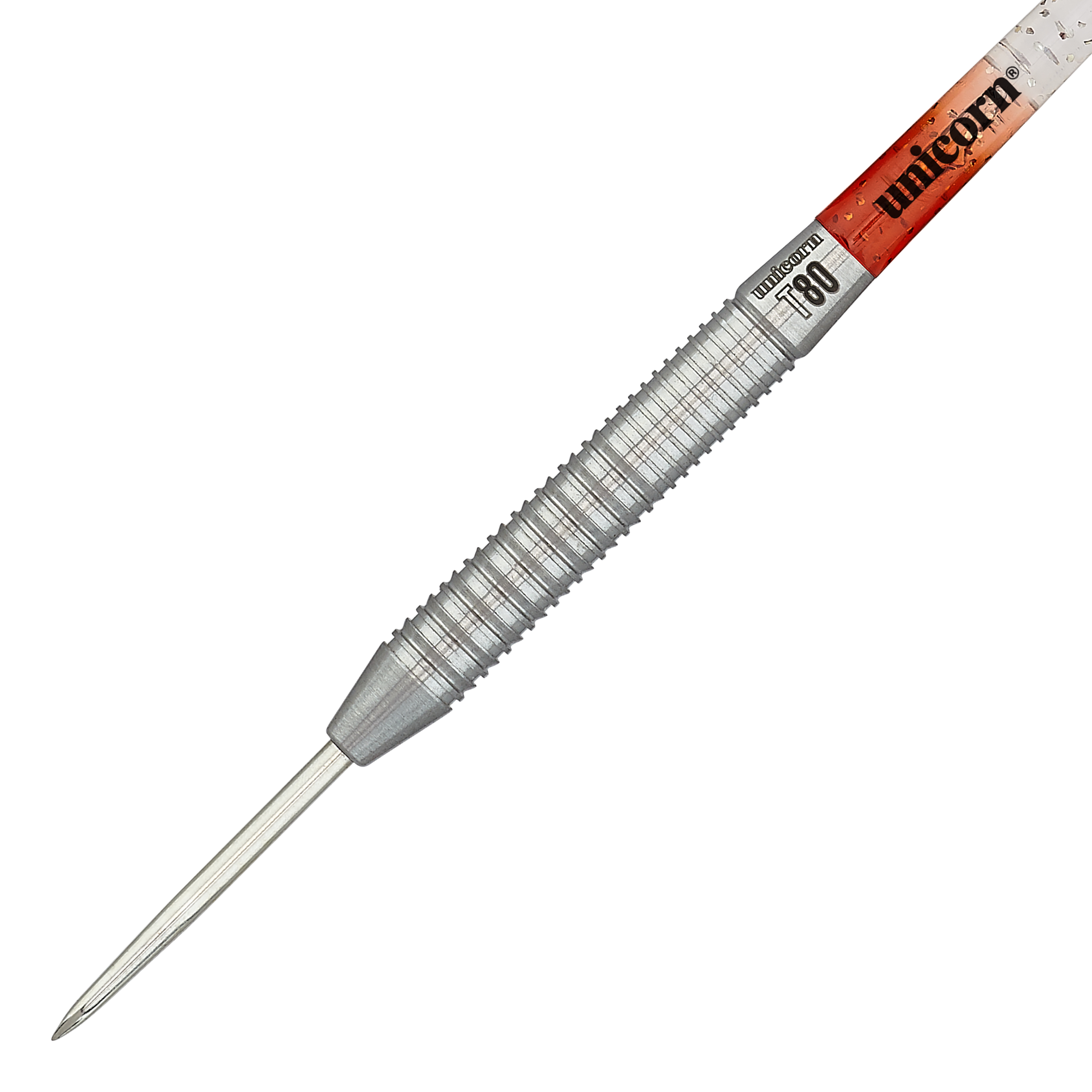 Steeldarts Unicorn Core XL Striker Style 1 - 22g Das Bild zeigt einen silberfarbenen Steeldart mit gerilltem Griff. Auf dem Schaft steht "Unicorn" und das Modell ist "Core XL Striker Style 1" mit 22g Gewicht.