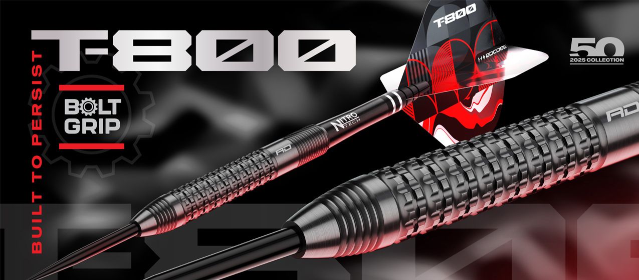 Das Bild zeigt einen hochwertigen Dart mit der Bezeichnung T-800 und auffälligem schwarzen und roten Design. Auf dem Banner sind außerdem die Begriffe "BOLT GRIP", "BUILT TO PERSIST" und "50 2025 COLLECTION" zu sehen.