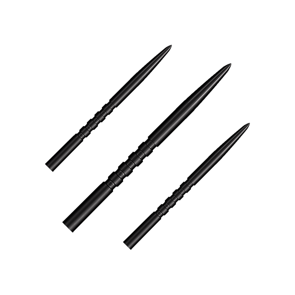 Ocelové hroty šipek Shot Grip Point - černé Auf dem Bild sind drei schwarze Steeldartspitzen zu sehen. Sie haben eine geriffelte Griffzone und eine spitze Form.