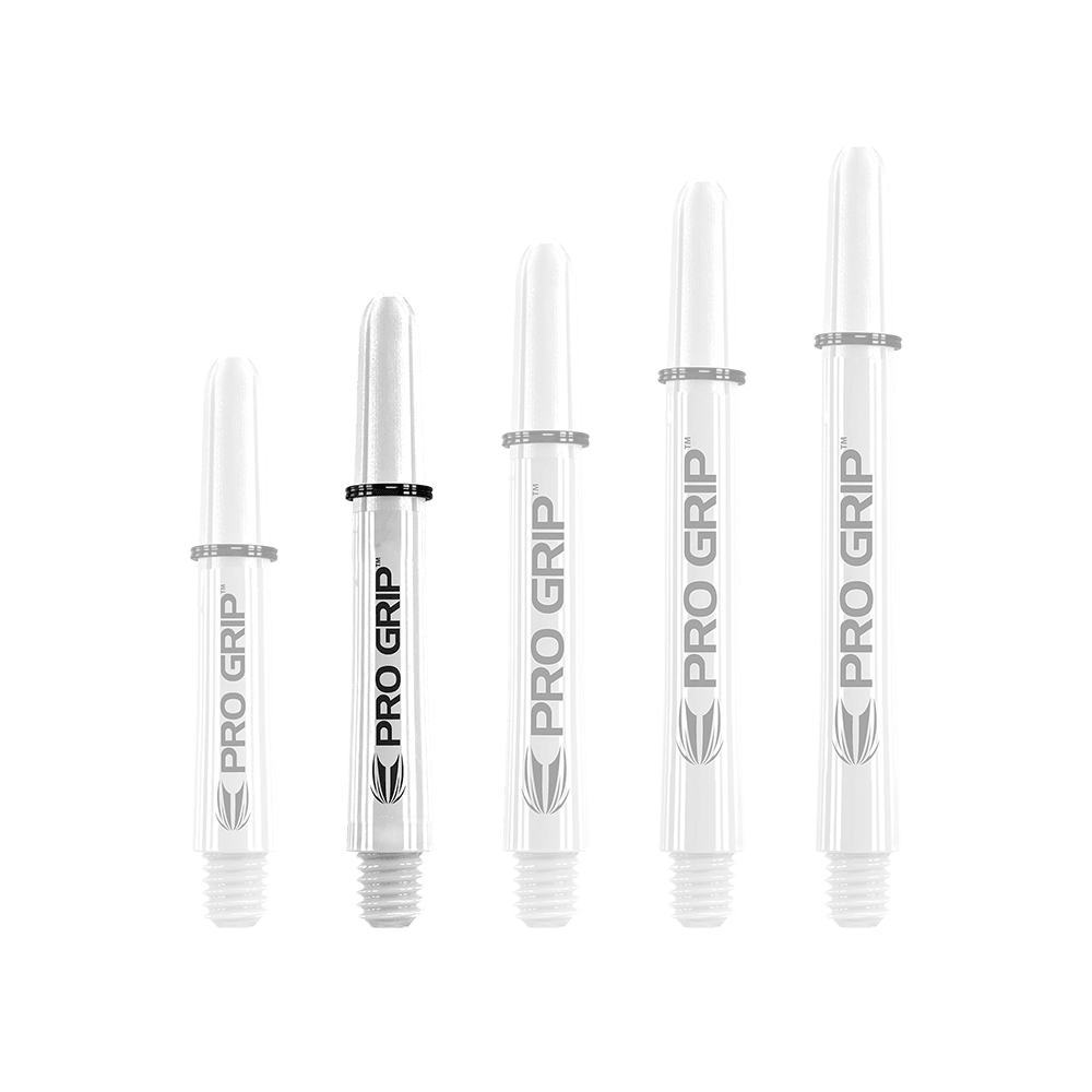 Target Pro Grip Shafts – 3 sady – White Auf dem Bild sind fünf weiße Dart-Schäfte in verschiedenen Längen zu sehen. Sie tragen alle die Aufschrift "PRO GRIP".