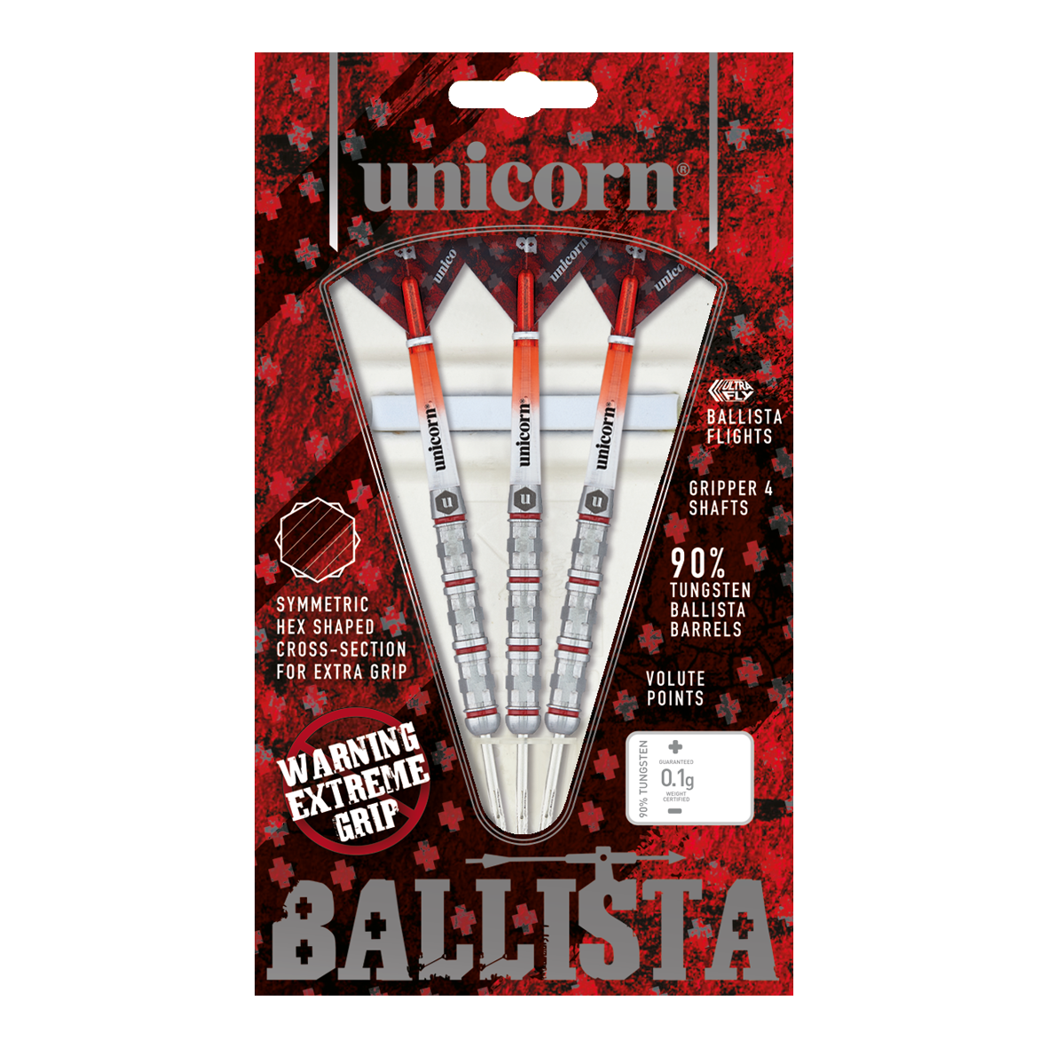 Ocelové šipky Unicorn Ballista Style 4 Auf dem Bild ist das Produkt "Unicorn Ballista Style 4 Steeldarts" zu sehen. Die Verpackung zeigt drei Steeldarts mit auffälligem Design und betont ihre hohe Griffigkeit und den 90%igen Wolframanteil.