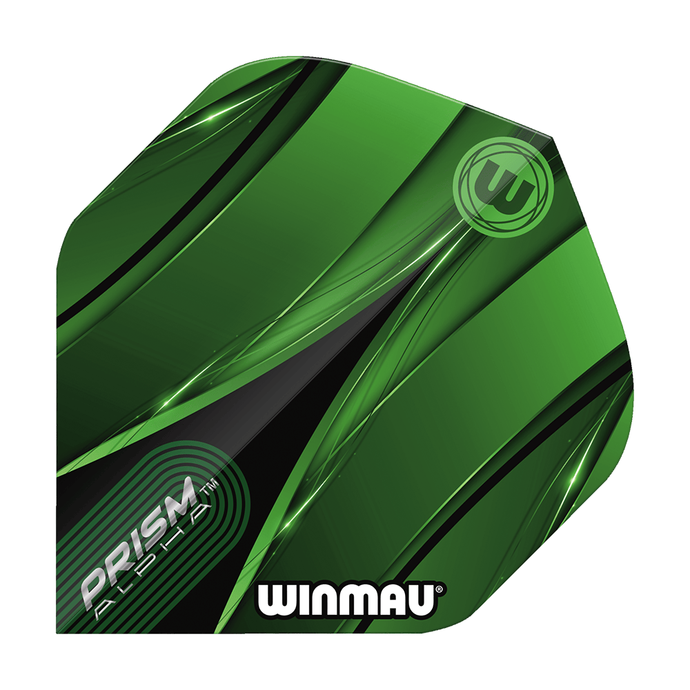 Letky Winmau Alpha Sniper Green Standard Das Bild zeigt ein Winmau Alpha Sniper Green Standard Flight für Darts. Das Flight ist überwiegend grün mit schwarzen und weißen Designelementen und trägt die Aufschriften "PRISM ALPHA" und "WINMAU".
