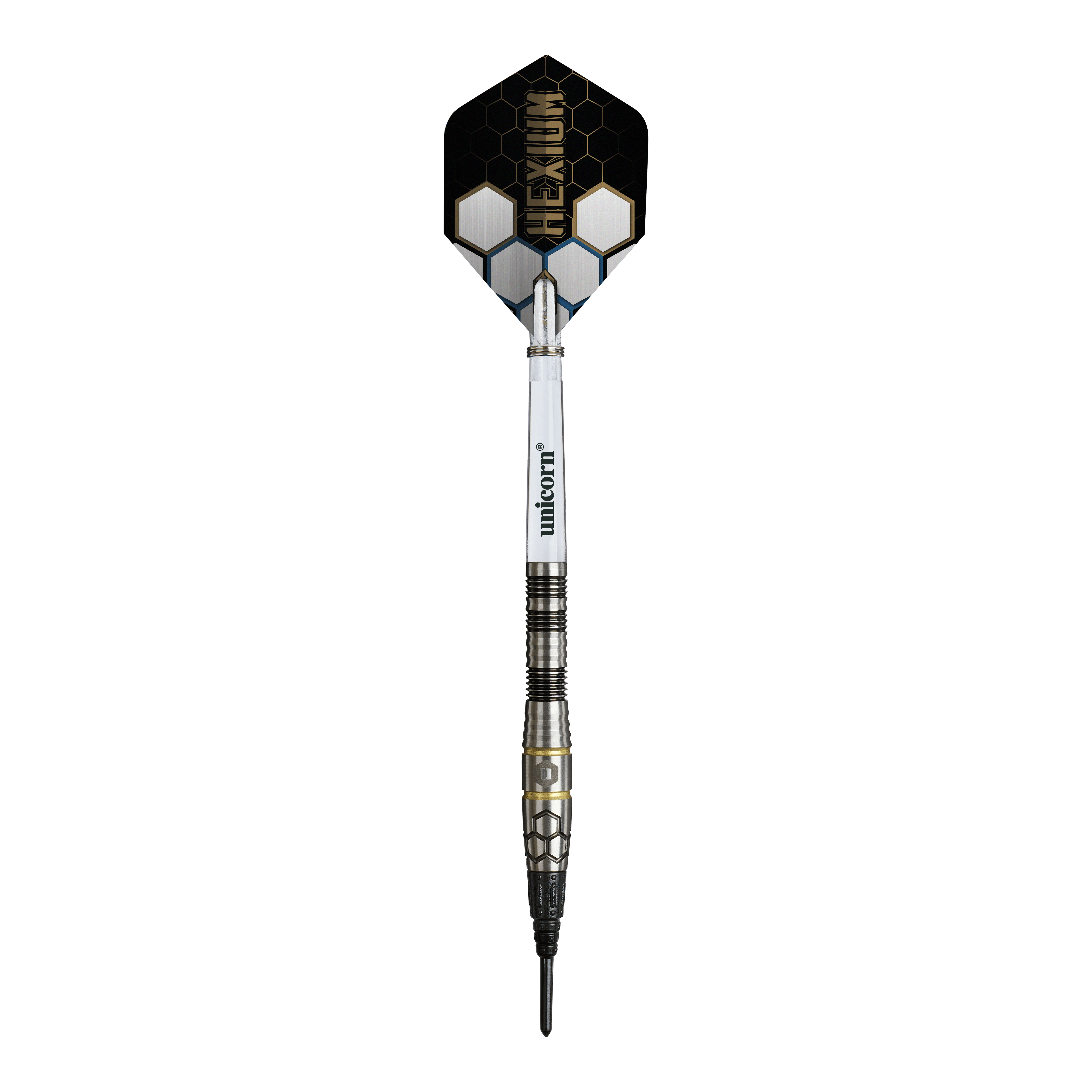 Měkké šipky Unicorn Hexium Style 01, černo-zlaté - 22g Das Bild zeigt die Unicorn Hexium Style 01 Black & Gold Softdarts mit einem Gewicht von 22 Gramm. Die Darts zeichnen sich durch ihr schwarzes und goldenes Aussehen aus.