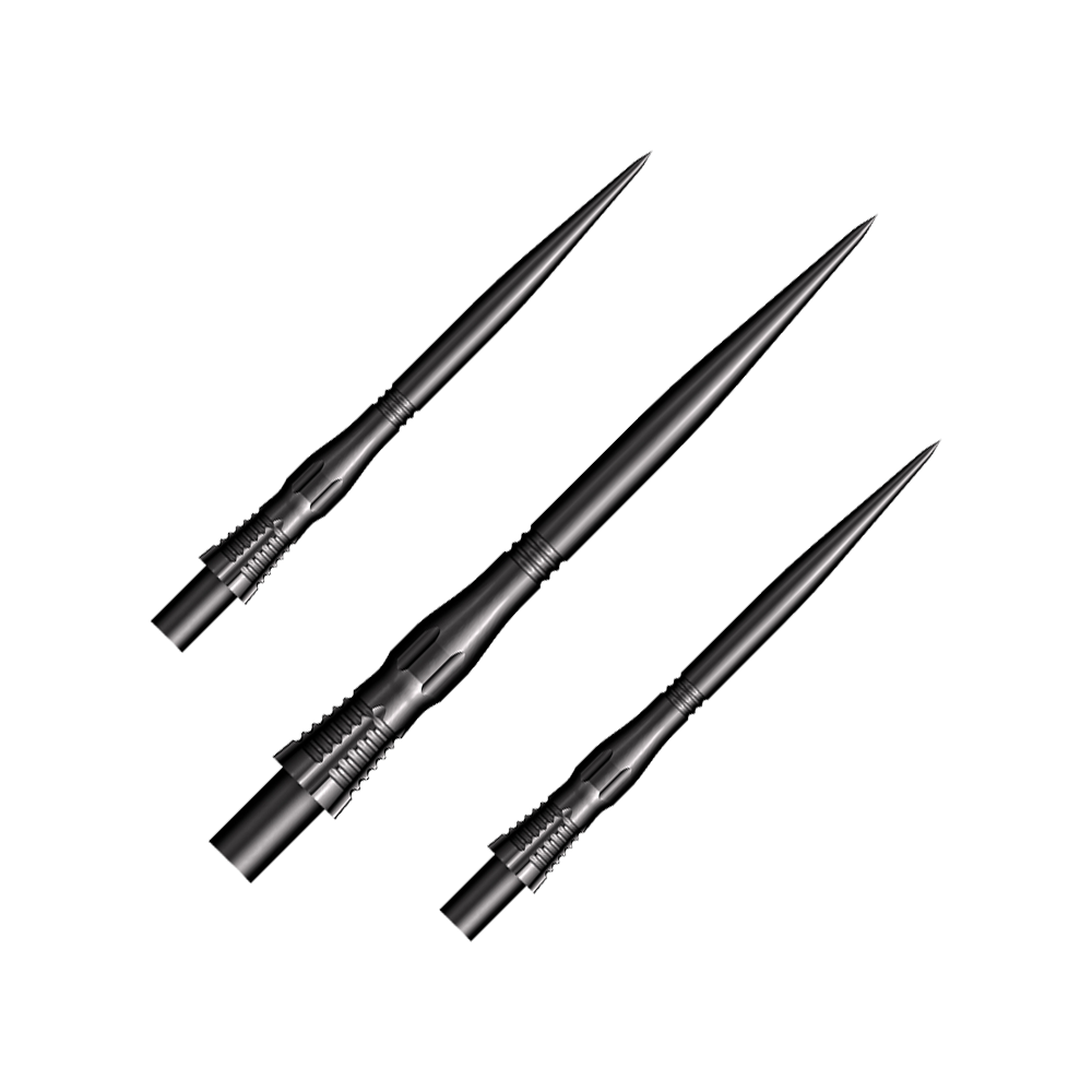 Das Bild zeigt drei schwarze Steeldart-Spitzen des Modells "Shot Cone Scallop" mit einer Länge von 35 mm. Sie sind lang, schmal und haben ein markantes, geriffeltes Design am Schaft.