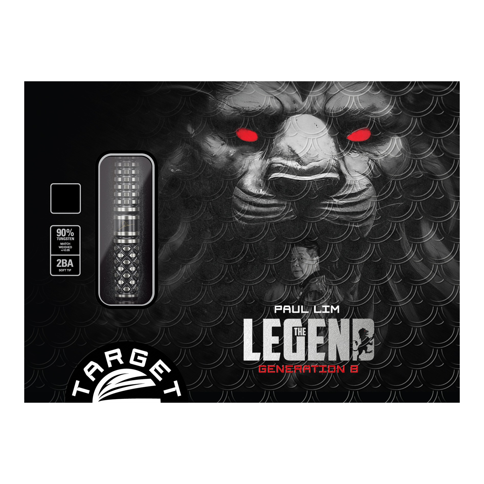 Měkké šipky Target Japan Paul Lim The Legend GEN8 - 19g Auf dem Bild ist die Verpackung der "Target Japan Paul Lim The Legend GEN8 Softdarts - 19g" zu sehen. Im Hintergrund ist ein Löwengesicht mit leuchtend roten Augen abgebildet.