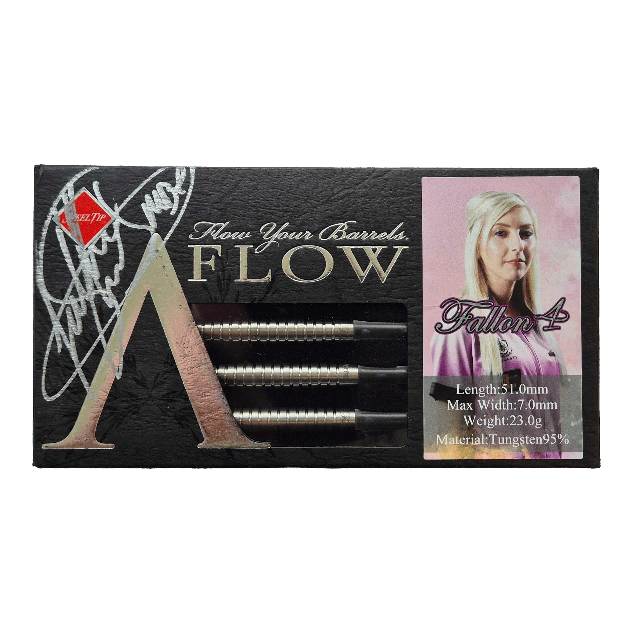 Dynasty Fallon Sherrock 4 AFlow Plain Steeldarts - Mit Autogramm - 23g Die Verpackung zeigt drei Steeldarts der Marke "Dynasty Fallon Sherrock 4 AFlow" mit Autogramm. Rechts ist ein Bild einer Frau sowie Informationen zu Gewicht, Länge und Material der Darts zu sehen.