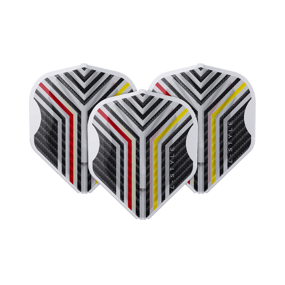 Letky L-Style Arno Merk V1 Clear White L1EZ Das Bild zeigt ein Set L-Style Arno Merk V1 Clear White L1EZ Flights ordentlich ausgelegt. Die Struktur der Flights ist hervortritt.