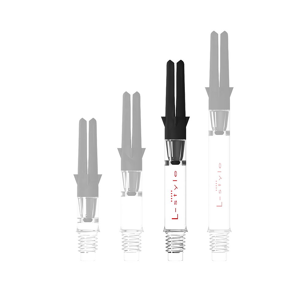 Ein gerader, transparenter Schaft für Darts ist abgebildet. Das Produkt besteht aus Carbon und wird ohne Kappen gezeigt.