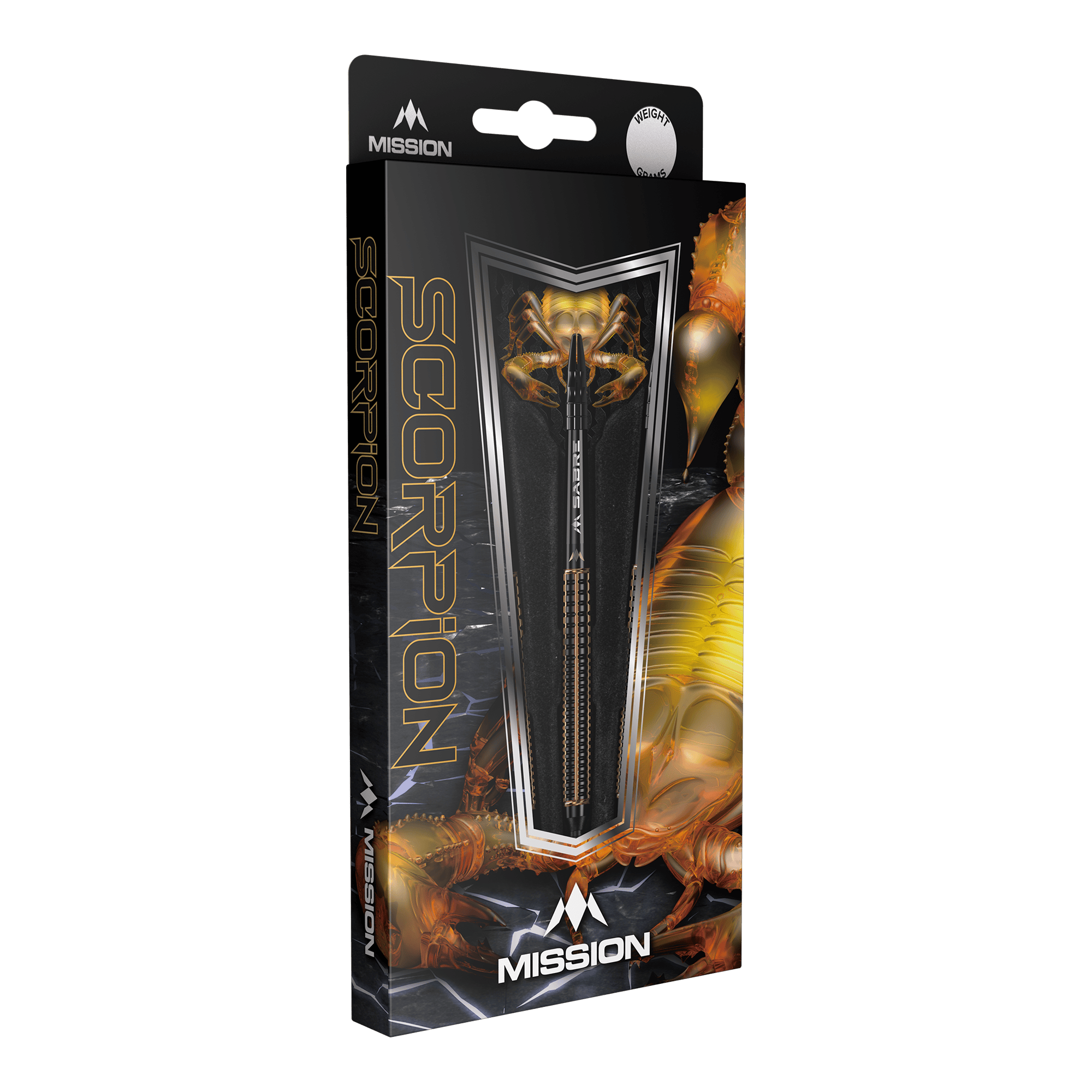 Měkké šipky Mission Scorpion - 19g Die Abbildung zeigt die Verpackung der "Mission Scorpion Softdarts - 19g". Das Design ist schwarz-gold mit einem Skorpionmotiv und zeigt einen Dartpfeil in der Mitte.