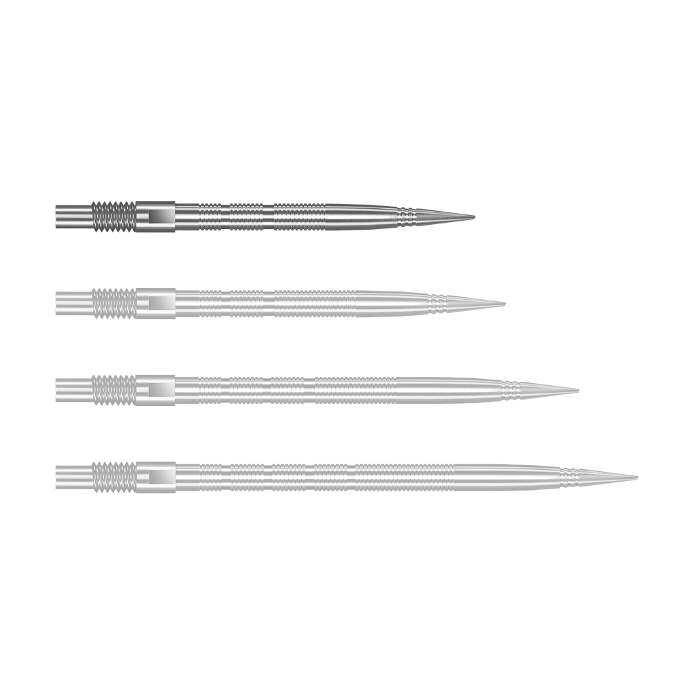 Špičky na šipky Harrows Quick Point Micro Ridge - stříbrné Silberne Harrows Quick Point MicroRidge Dartspitzen mit 26 mm Länge werden dargestellt. Die Spitzen liegen einzeln auf einer hellen Oberfläche.