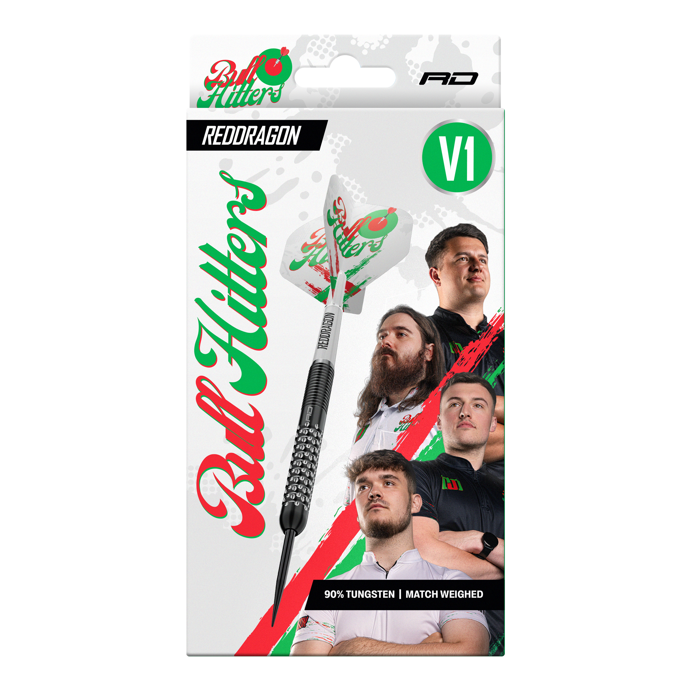 Ocelové šipky Red Dragon Bullhitters V1 - 23g Das Bild zeigt die Red Dragon Bullhitters V1 Steeldarts mit einem Gewicht von 23g. Diese Darts sind für das Steeldart-Spiel geeignet.