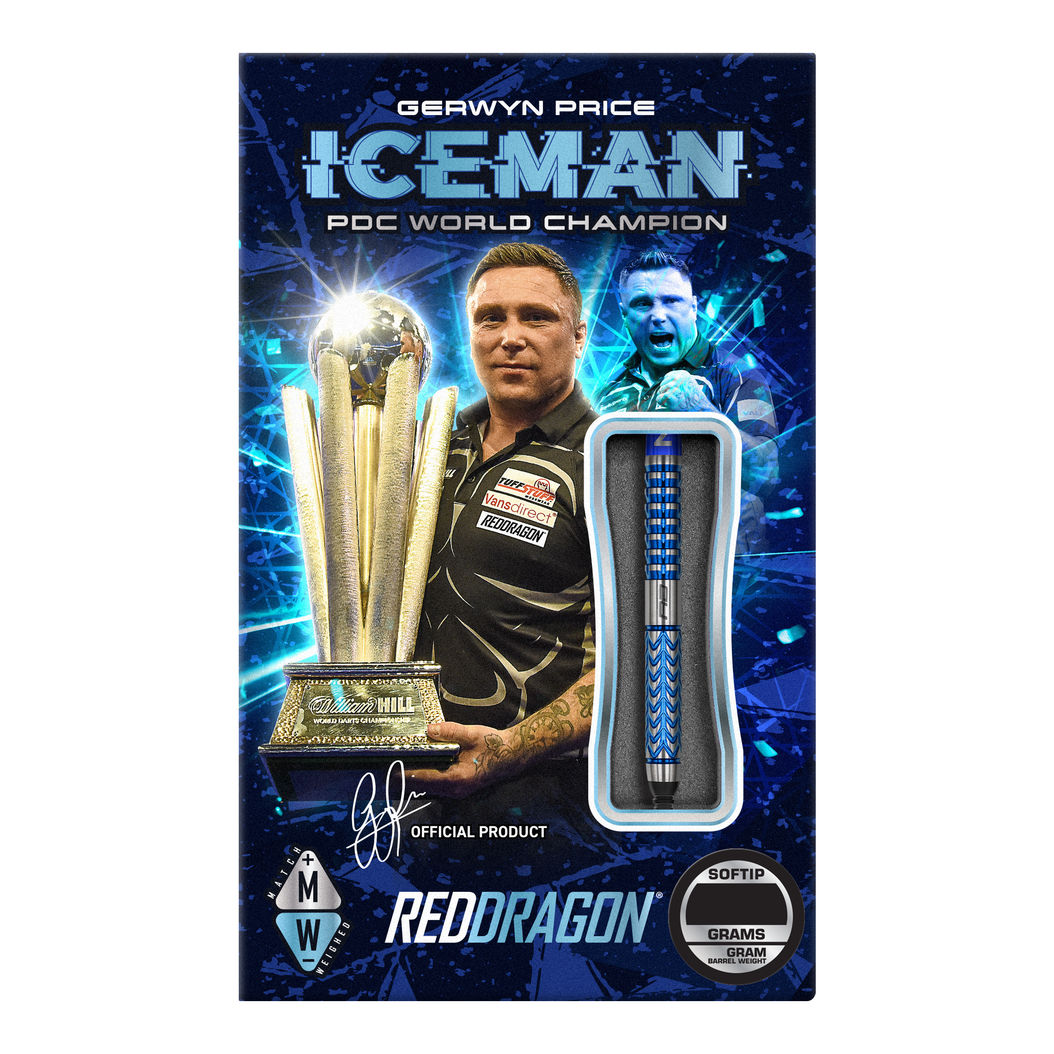 Red Dragon Gerwyn Price Glacier Softdarts - 18g Das Bild zeigt die Verpackung der "Red Dragon Gerwyn Price Glacier Softdarts - 18g". Auf der Verpackung ist ein Dartspieler mit einem Pokal und einem einzelnen Softdart abgebildet.
