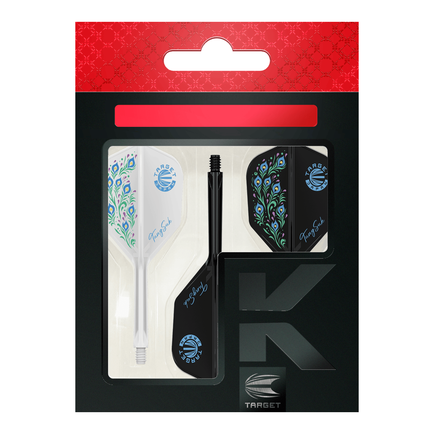 Das Bild zeigt die Verpackung des Produkts "Target Japan K-Flex Zenith Tung Suk No6 Flight-Shaft-System". In der Verpackung befinden sich unterschiedlich farbige Dartflights und -schäfte mit dekorativem Muster.