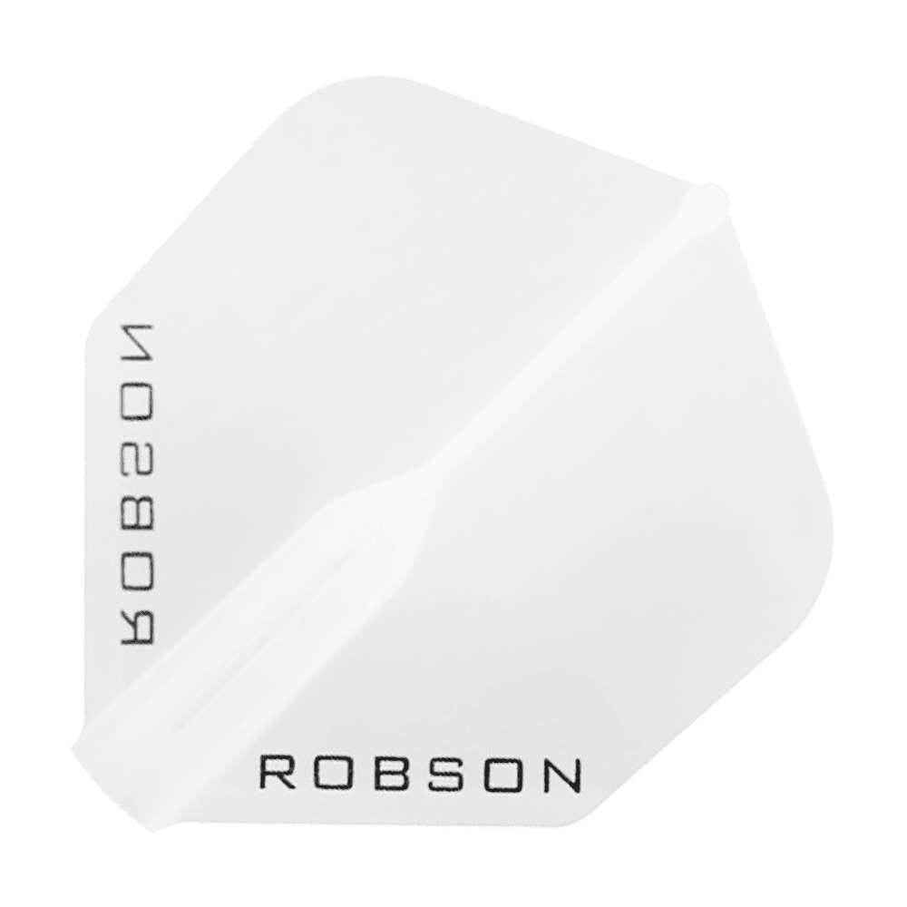 Lety Robson Plus – standardní Das Bild zeigt einen klaren, sechseckigen Dartflight mit dem Schriftzug "ROBSON" in schwarzer Farbe. Das Design ist schlicht und durchsichtig gehalten.