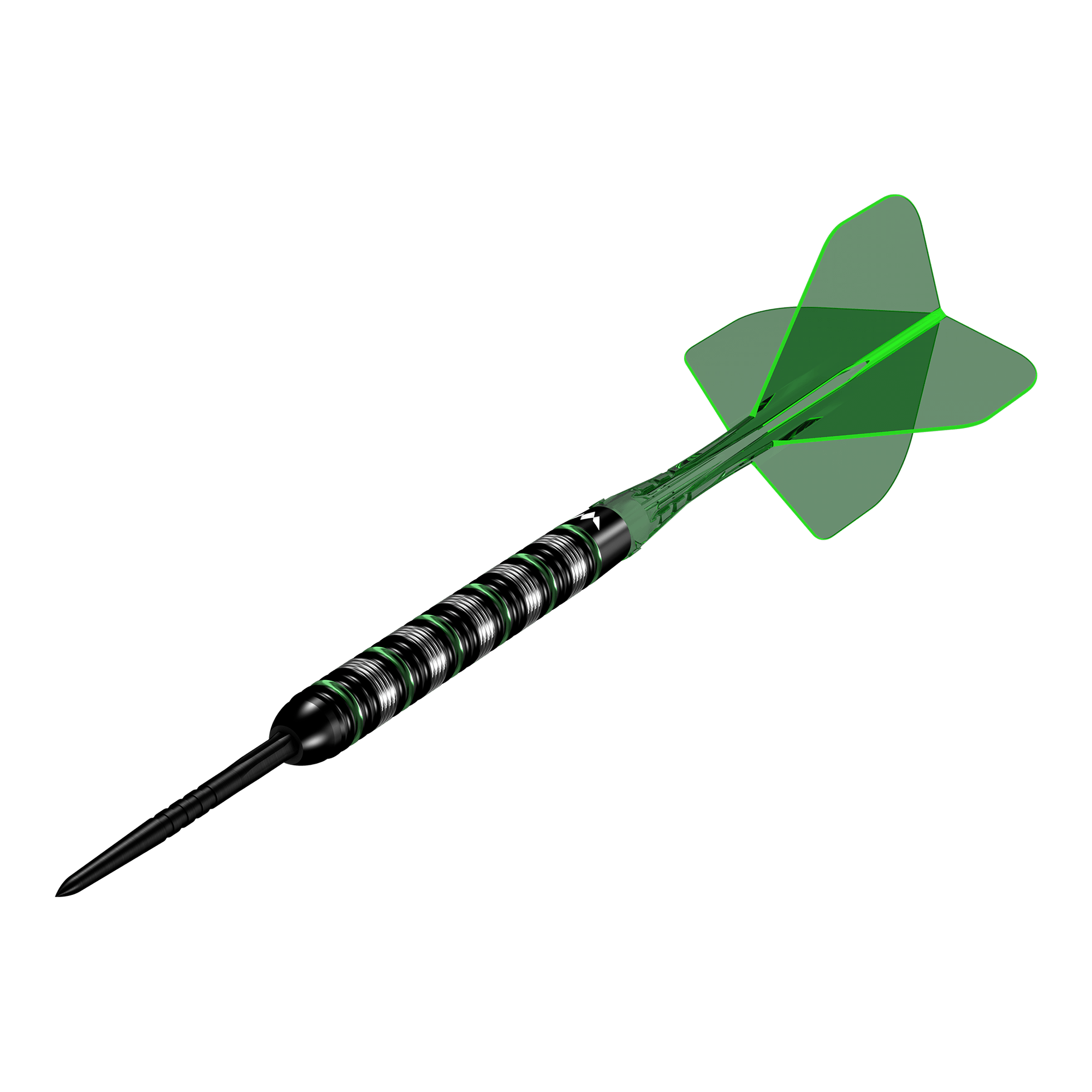 Ocelové šipky Mission Moldavit - 23g Mission Moldavite Steeldarts - 23g wird aus einer anderen Perspektive gezeigt. Die Darts zeichnen sich durch ein grünes Designelement aus.