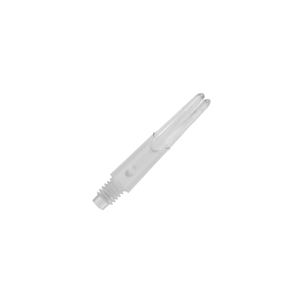 L-L-Style-Shafts Locked Straight - Clear Das Bild zeigt einen transparenten, geraden Dart-Schaft aus Kunststoff. Er hat ein Schraubgewinde an einem Ende und ist 26 mm lang.