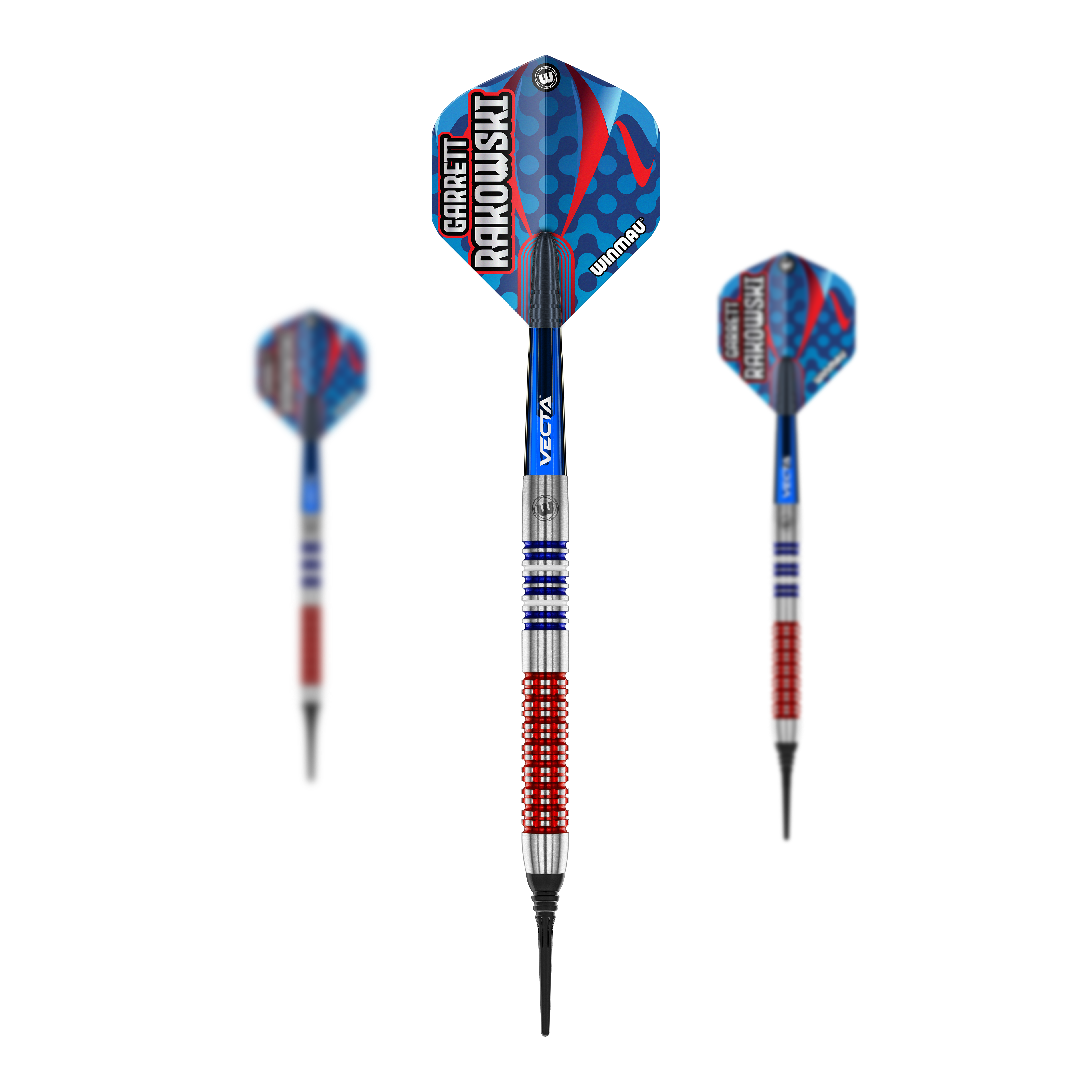 Winmau Garrett Rakowski měkké šipky - 20g Das Bild zeigt drei Softdarts des Modells "Winmau Garrett Rakowski Softdarts - 20g". Die Darts haben ein auffälliges Design in Blau, Rot und Silber mit der Aufschrift "Garrett Rakowski" auf den Flights.
