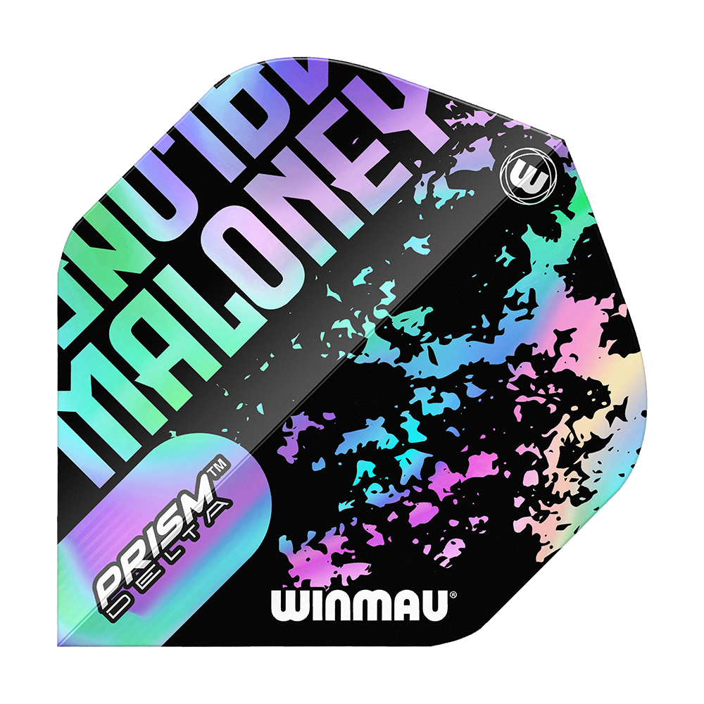 Standardní lety Winmau Prism Delta Mike Maloney Das Bild zeigt ein Winmau Prism Delta Mike Maloney Standard Flight für Darts. Das Flight hat ein auffälliges, buntes Design mit dem Namen "Maloney" und dem Winmau-Logo.