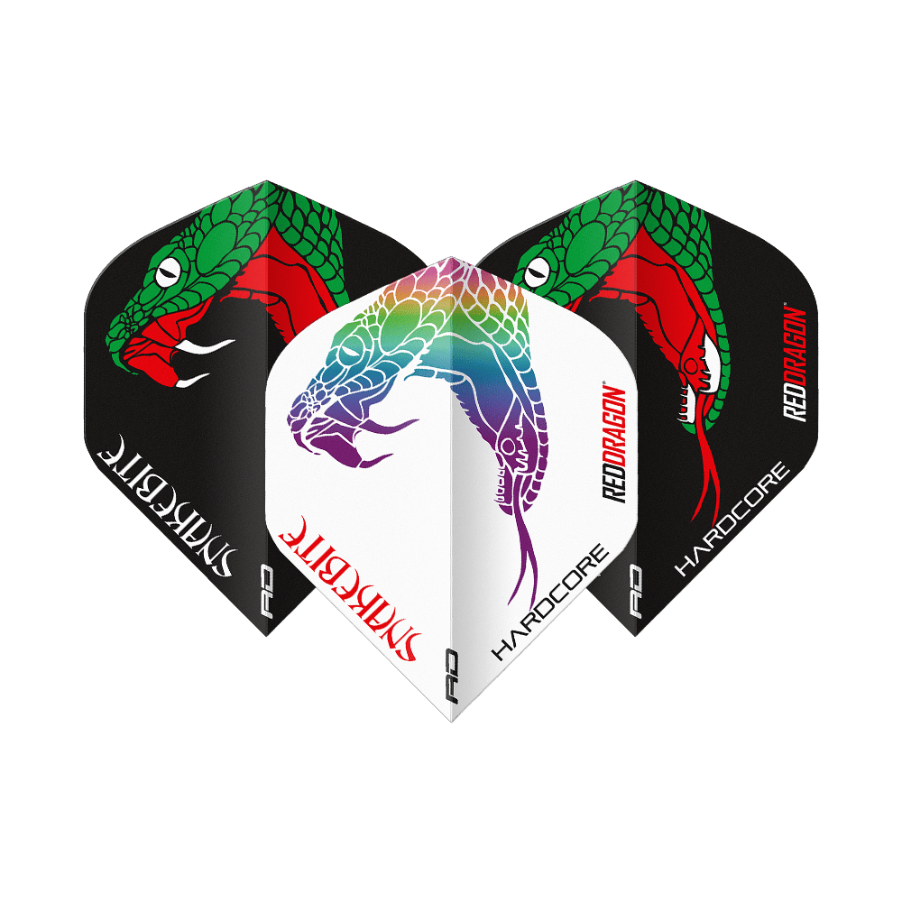 Red Dragon Peter Wright Uštknutí hadem Černá Bílá Jin Jang Standardní lety Das Bild zeigt drei Dart-Flights der Marke "Red Dragon Peter Wright Snakebite Black White Yin Yang Standard Flights". Die Flights sind in Schwarz und Weiß gestaltet und mit farbigen Schlangenmotiven verziert.
