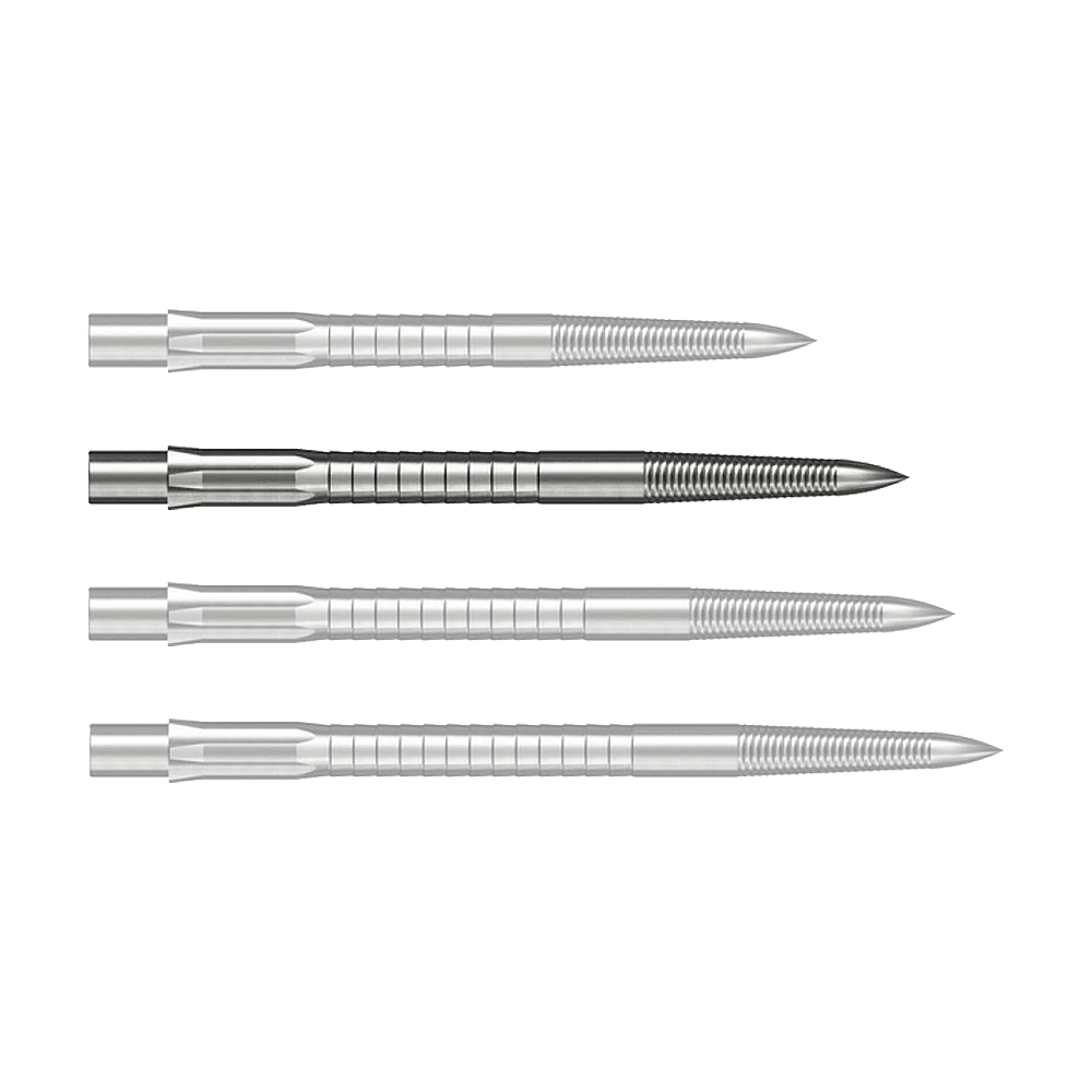 Ocelové hroty na šipky Caliburn System - Micro Grip - stříbrné Man sieht eine einzelne Caliburn Evo System Steeldartspitze Micro Grip in Silber mit einer Länge von 32 mm. Die Dartspitze ist scharf vor einem weißen Hintergrund zu erkennen.