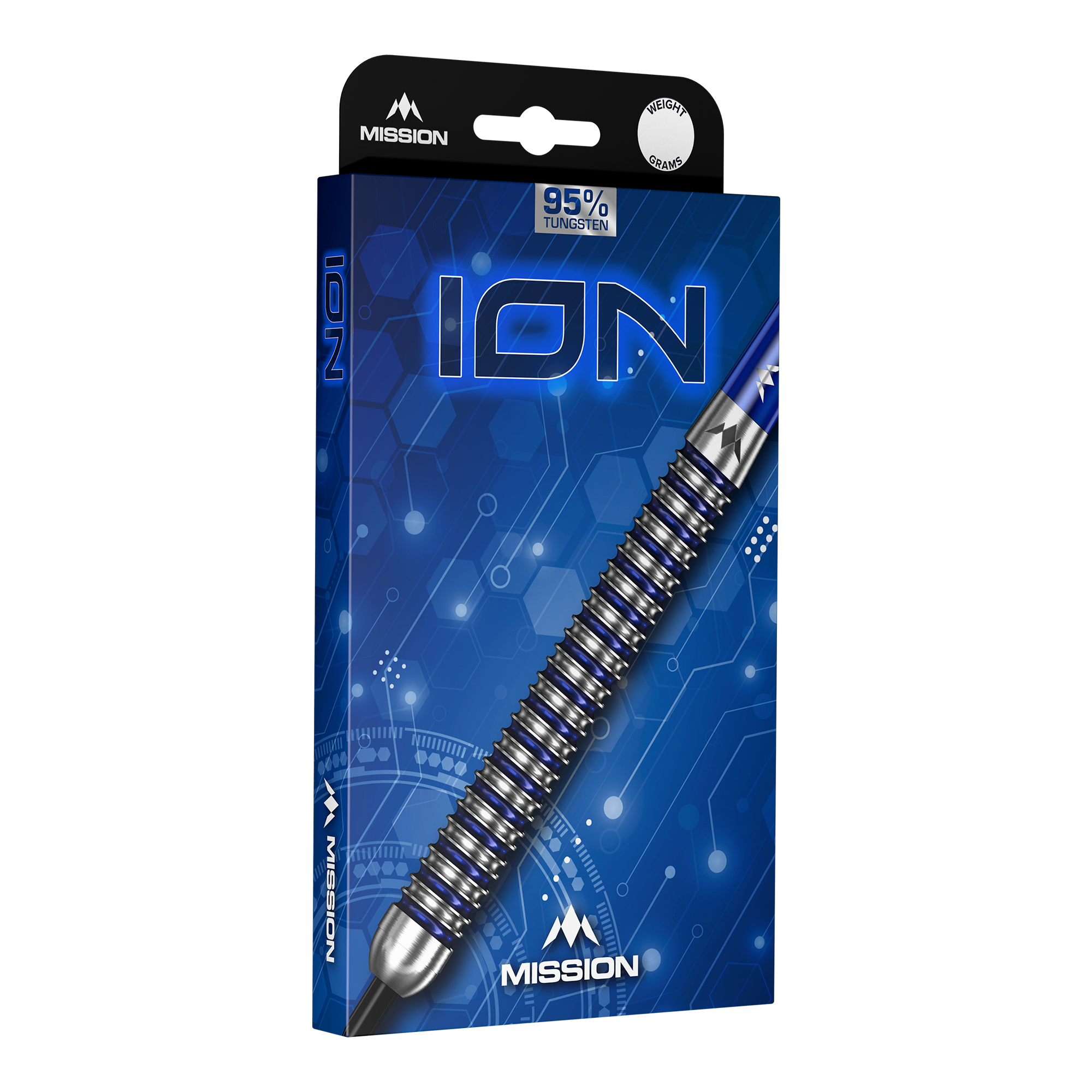 Ocelové šipky Mission ION Blue Silver Mission ION Blue Silver Steeldarts sind auf diesem Bild zu sehen. Das Produkt zeichnet sich durch seine blaue und silberne Farbgebung aus.