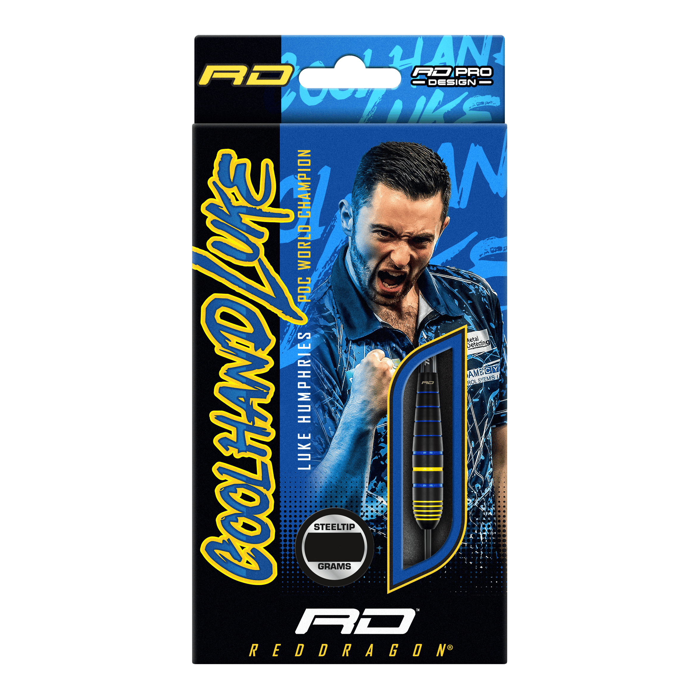 Šipky Red Dragon Luke Humphries World Champion Brass Steel Auf der Verpackung sind die "Red Dragon Luke Humphries World Champion Brass Steeldarts" abgebildet. Im Hintergrund ist ein jubelnder Spieler zu sehen, daneben ist ein Dartpfeil durch ein Sichtfenster sichtbar.