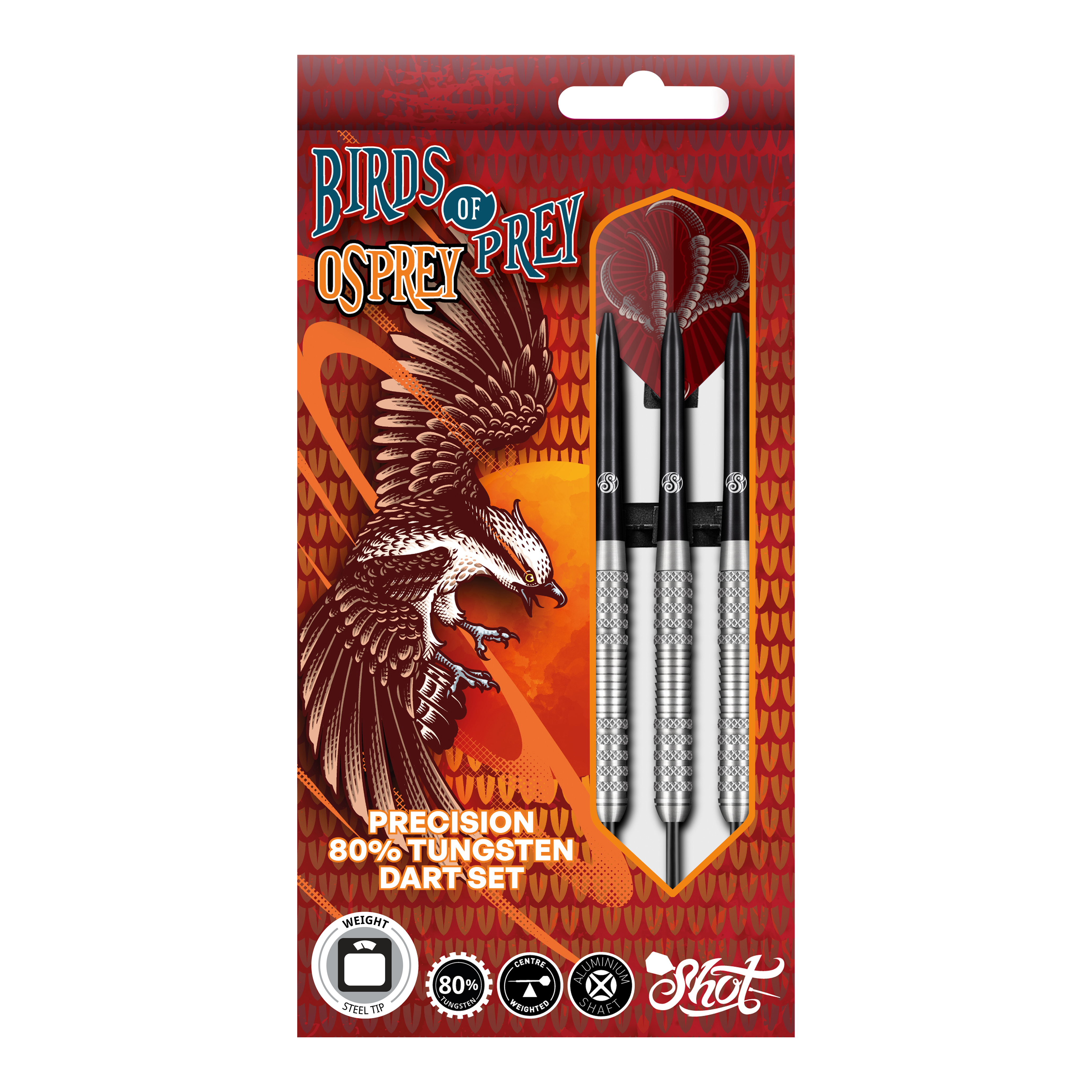 Auf dem Bild ist eine Packung "Shot Birds Of Prey Osprey Steeldarts" zu sehen. Die Verpackung zeigt drei Steeldarts und eine Illustration eines Greifvogels.