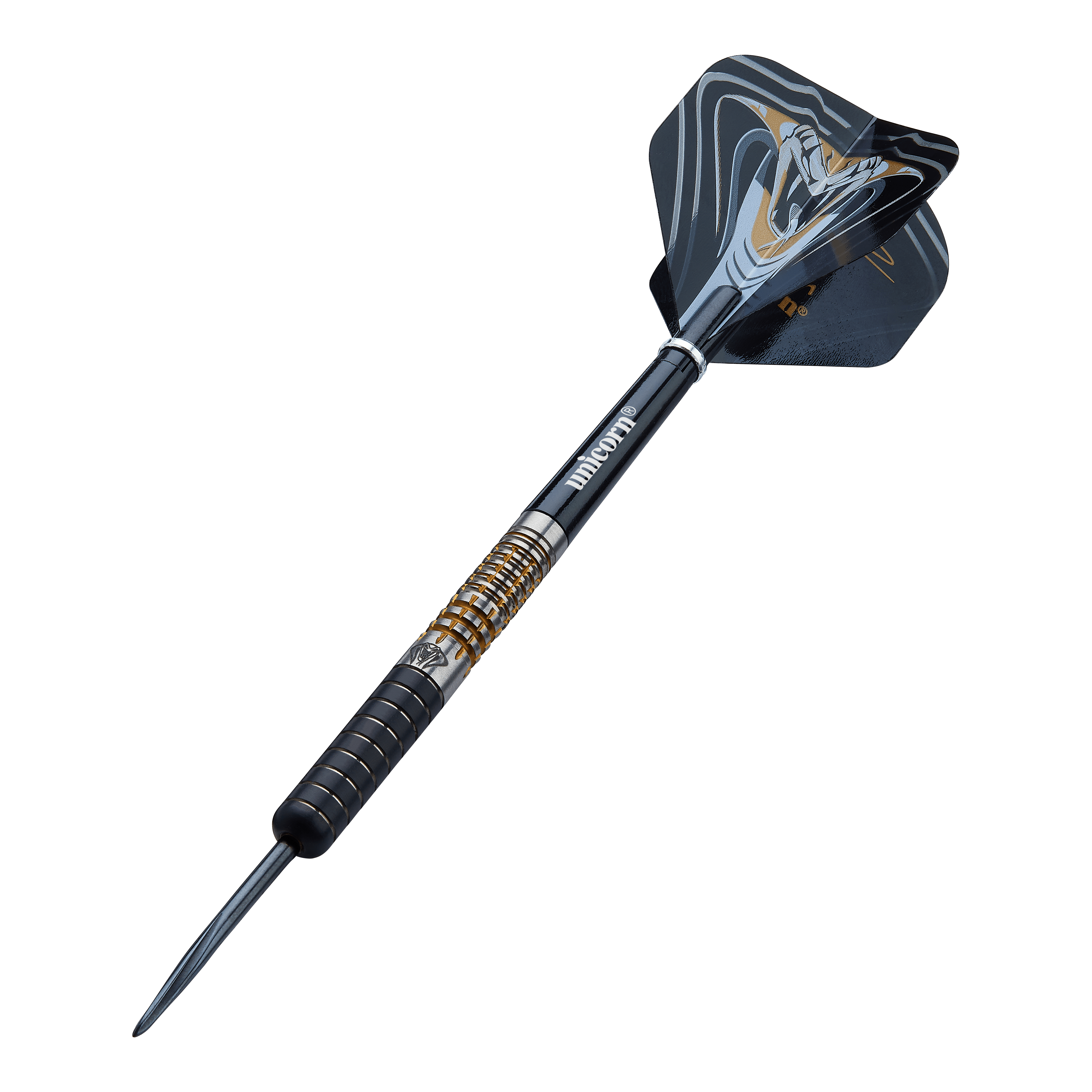 Ocelové šipky Unicorn Maestro Jeffrey De Zwaan fáze 3 Das Bild zeigt einen Unicorn Maestro Jeffrey De Zwaan Phase 3 Steeldart. Der Dart hat ein schwarzes und silbernes Design mit goldenen Akzenten und einer auffälligen Flights-Grafik.