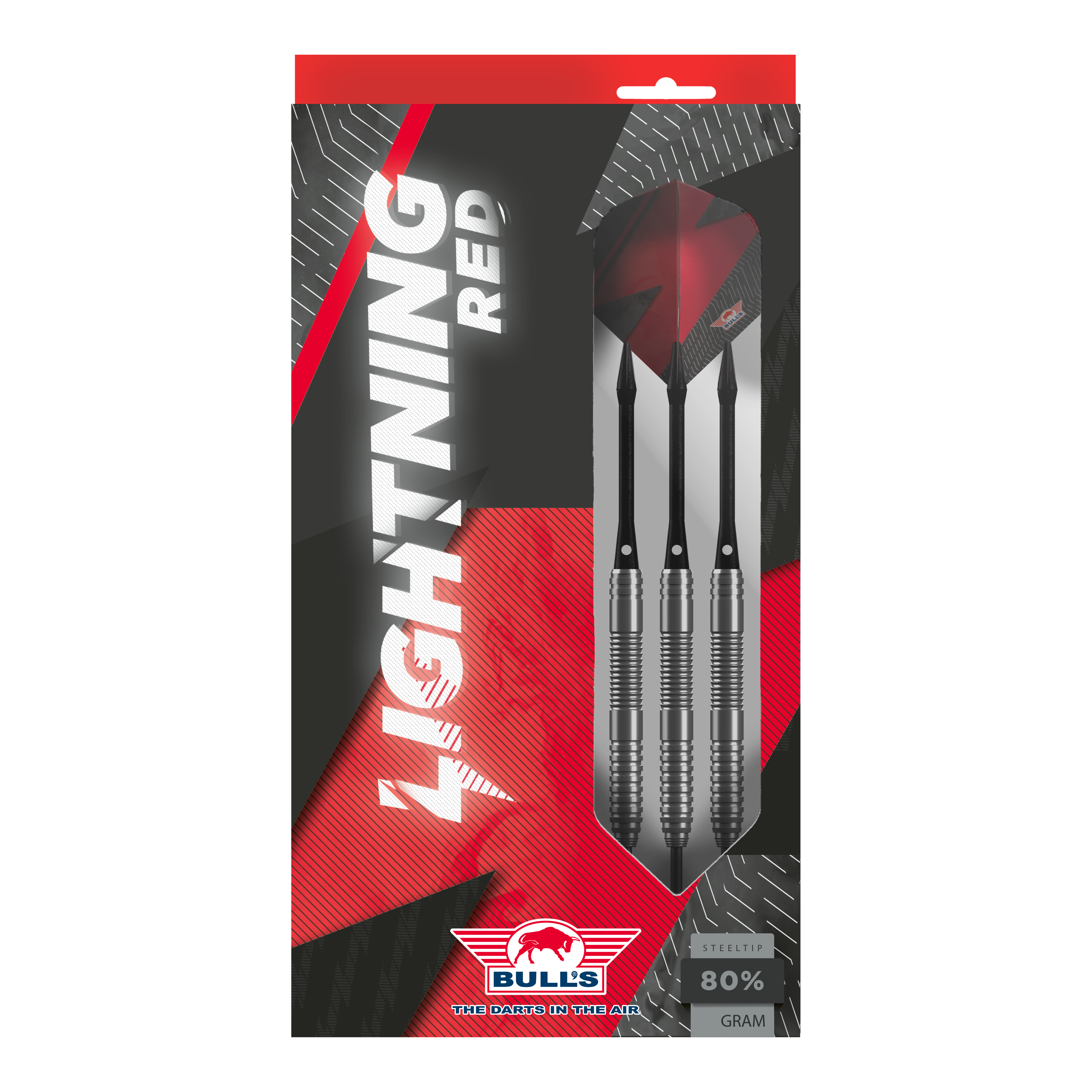 Das Bild zeigt die Verpackung der "Bulls NL Lightning Red Steeldarts". In der Packung sind drei silberne Steeldarts mit roten Flights zu sehen.