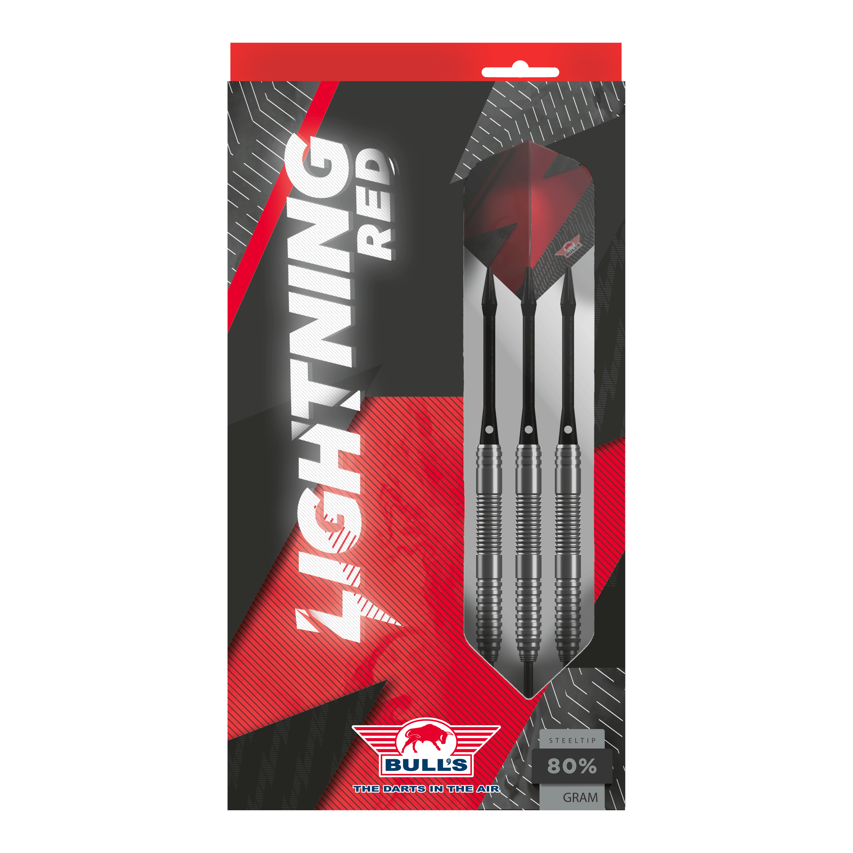 Ocelové šipky Bulls NL Lightning Red Das Bild zeigt die Verpackung der "Bulls NL Lightning Red Steeldarts". In der Packung sind drei silberne Steeldarts mit roten Flights zu sehen.