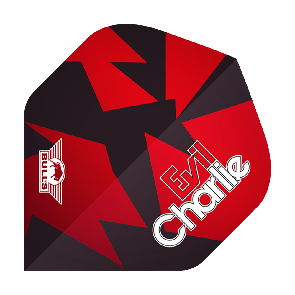 BU50862_Bulls_Powerflite_Sedlacek_Black_Red_No2_Standard_Flights_1 Das Bild zeigt ein Dartflight mit einem schwarzen und roten Zickzack-Design. Auf dem Flight steht "Evil Charlie" und das BULL'S Logo ist ebenfalls sichtbar.