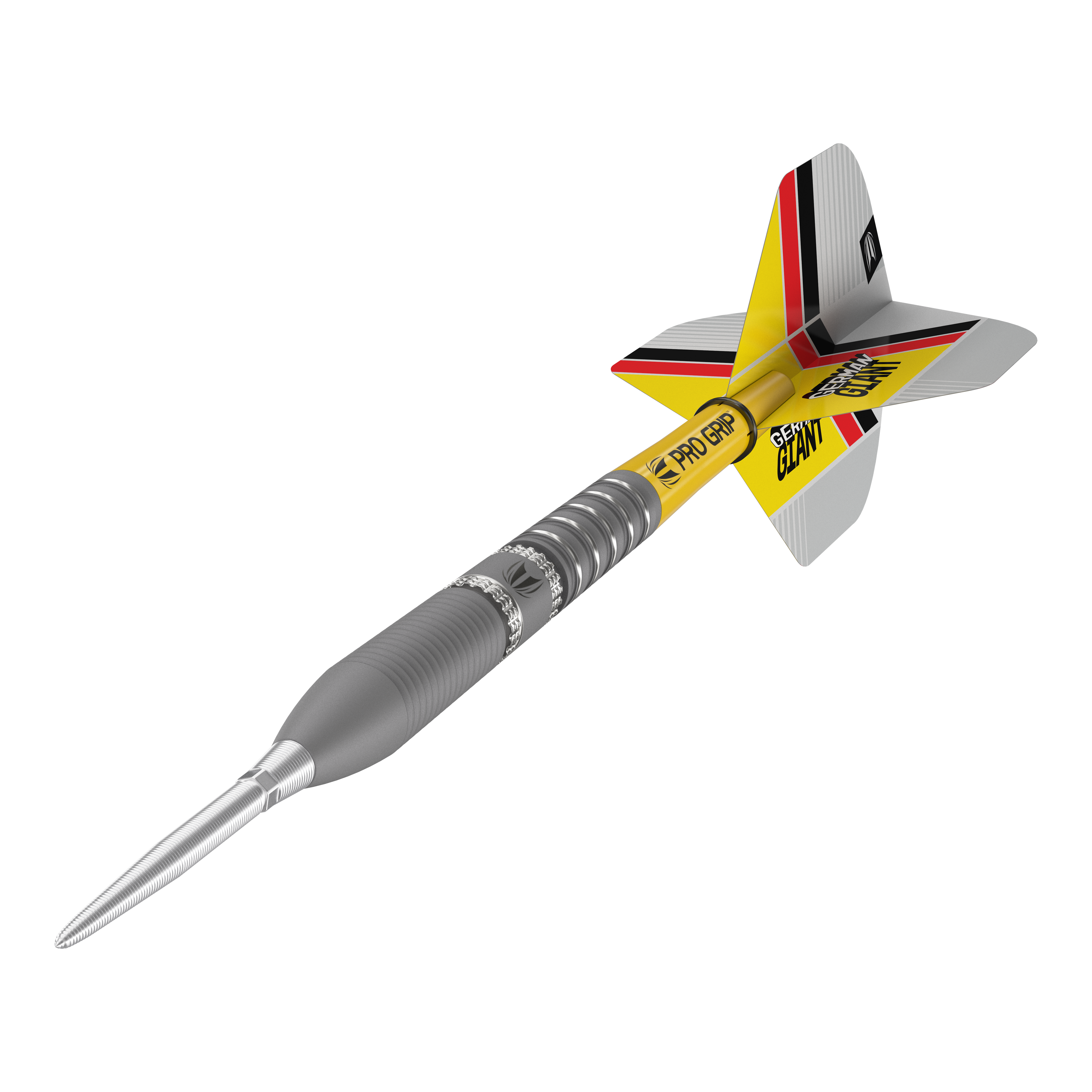 Ocelové šipky Target Gabriel Clemens GEN2 Swiss Point Das Bild zeigt einen modernen Steeldartpfeil mit silberner Spitze und einem gelb-schwarzen Schaft. Die Flights sind mit roten, schwarzen und gelben Streifen verziert und tragen die Aufschrift "GERMAN GIANT".