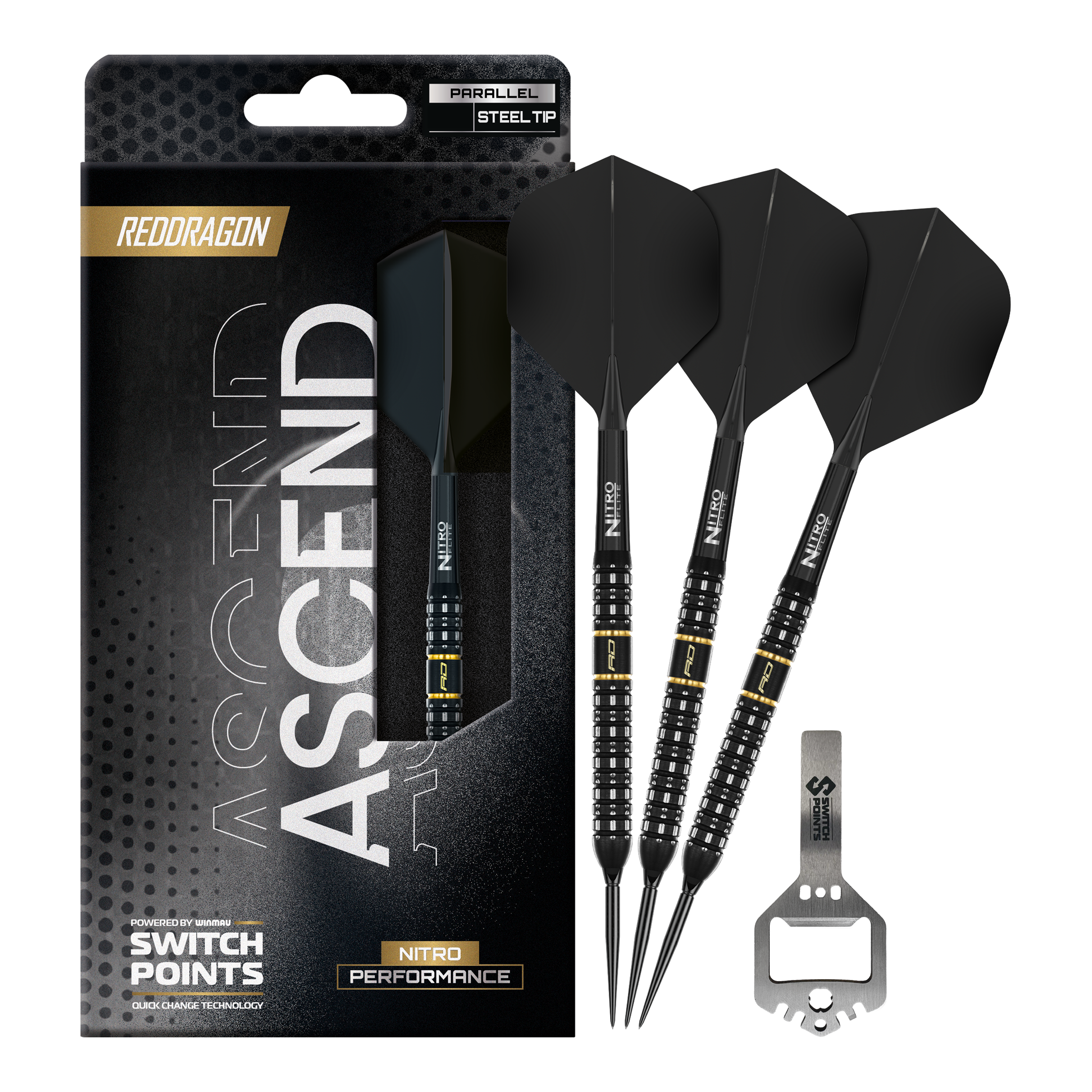 Ocelové šipky Red Dragon Ascend Parallel Switch Point Das Bild präsentiert die Red Dragon Ascend Parallel Switch Point Steeldarts in voller Länge. Die Details des kompletten Darts sind gut erkennbar.