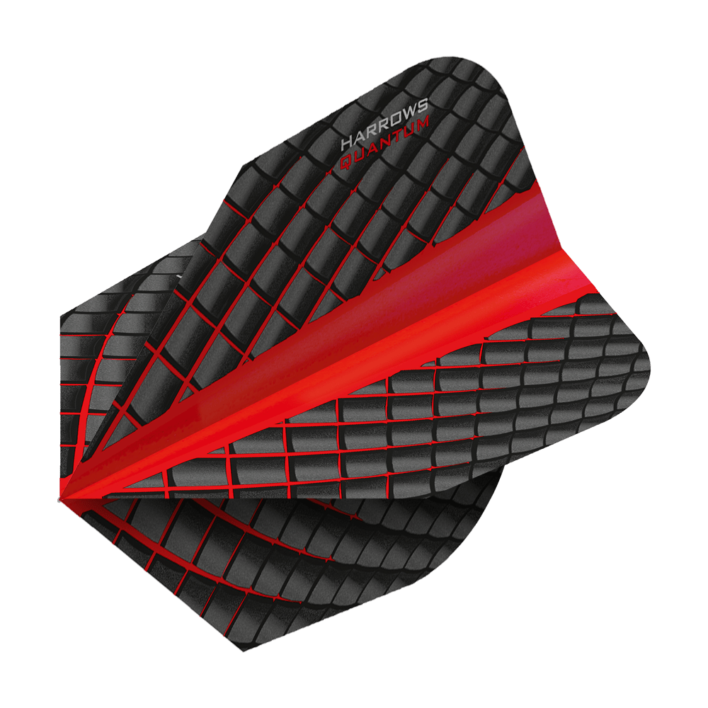 HR6804_Harrows_Quantum_Rot_No6_Flights_2 Das Bild zeigt ein Harrows Quantum Rot No6 Dartflight. Das Flight ist schwarz mit einem roten Gittermuster und roten Akzenten gestaltet.