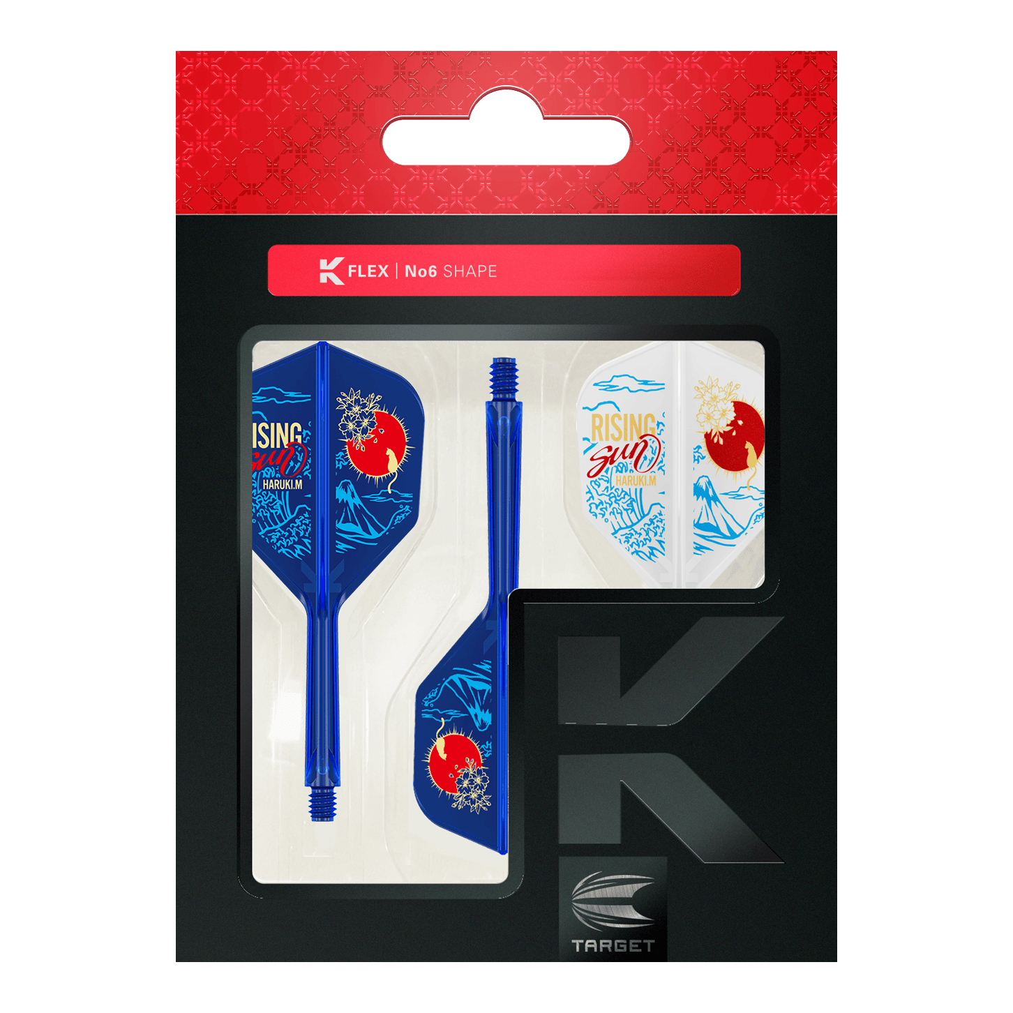 Das Bild zeigt eine Verpackung mit Dart-Flights und Schäften im Design „Rising Sun No6“ von Haruki Muramatsu. Die Flights sind in Blau und Weiß mit japanischen Motiven gestaltet und befinden sich in einer schwarzen Verpackung mit rotem Kopfteil.