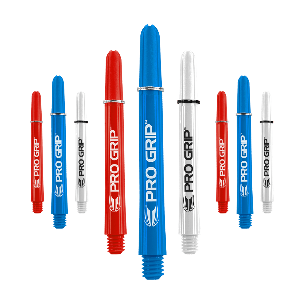 Target Pro Grip Shafts - 3 sady - červená modrá bílá Das Bild zeigt neun Dart-Shafts in den Farben Blau, Rot und Weiß. Auf jedem Shaft steht der Schriftzug "PRO GRIP" mit einem kleinen Logo darunter.