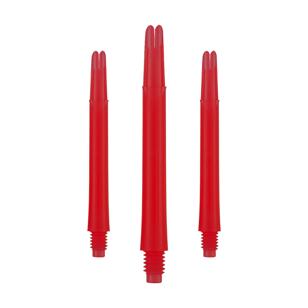 Auf dem Bild sind drei rote, gerade Dartschäfte ohne Kappen zu sehen. Sie sind nebeneinander angeordnet, wobei der mittlere etwas länger erscheint als die beiden äußeren.