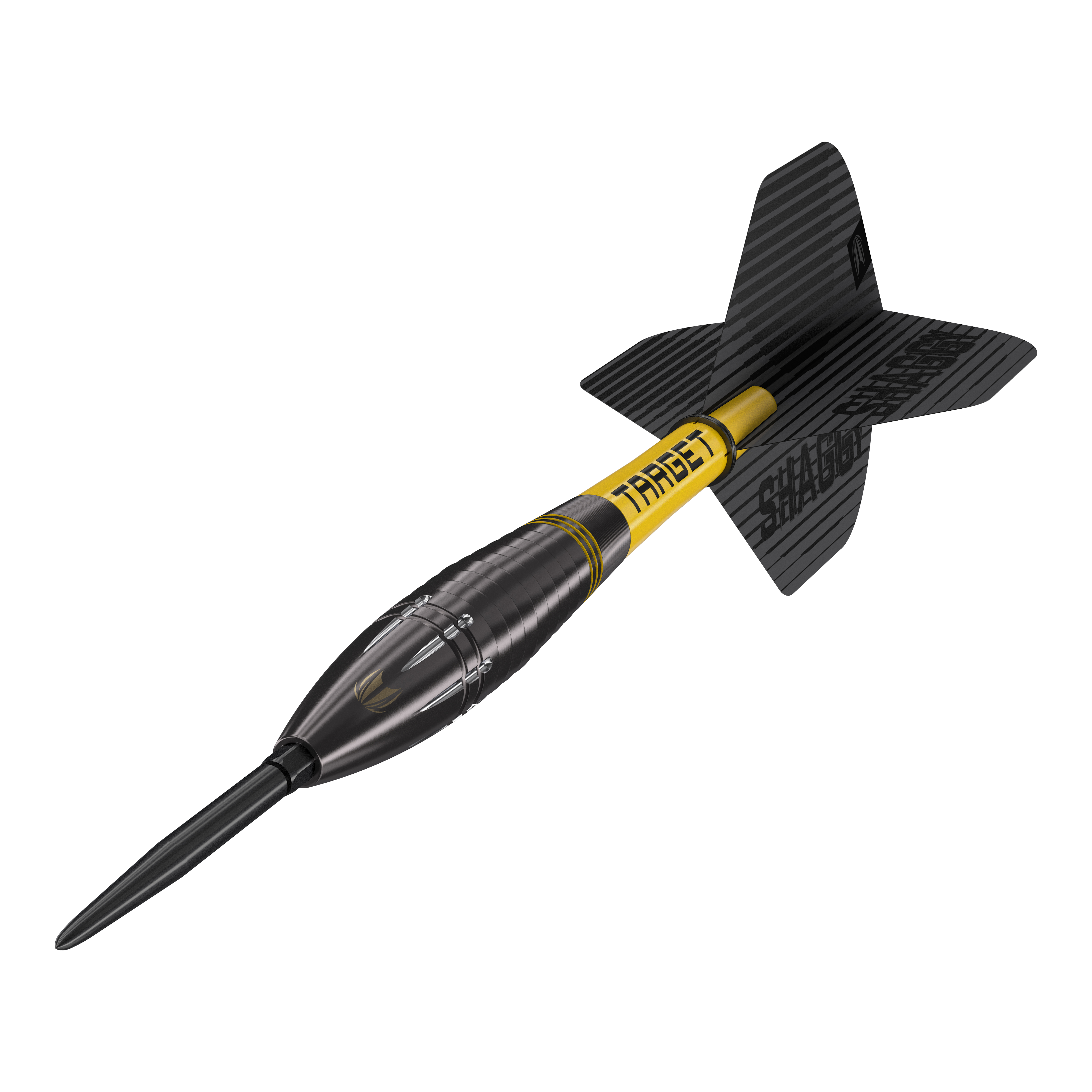 Šipky Target Scott Williams Shaggy Black Swiss Point Steel Das Bild zeigt den Target Scott Williams Shaggy Black Swiss Point Steeldart. Der Dart hat ein schwarzes Design mit gelben Akzenten und einer schwarzen Flights.