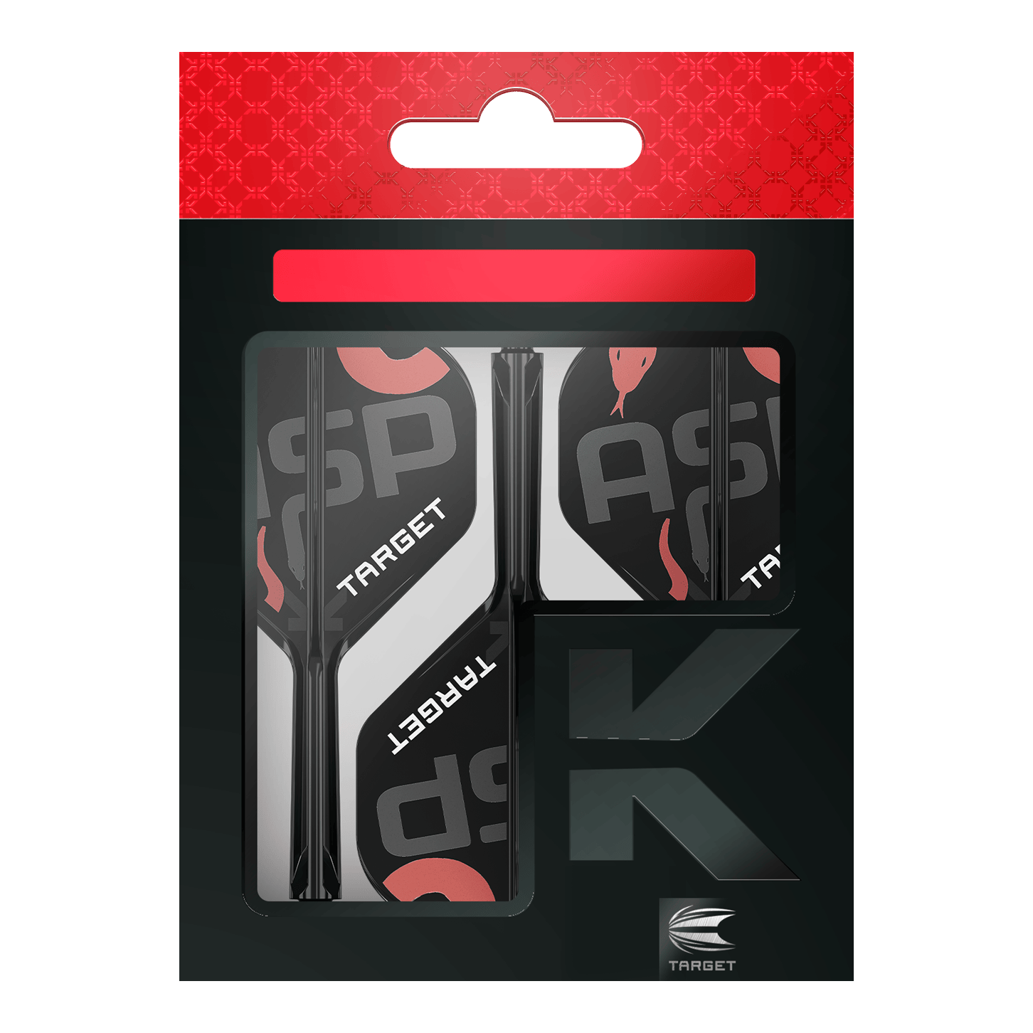 Systém standardních letových hřídelí Target K-Flex Nathan Aspinall No2 Auf dem Bild ist eine Verpackung mit Dart-Flights und Schäften der Marke Target zu sehen. Die Verpackung ist überwiegend schwarz mit roten und weißen Akzenten gestaltet.