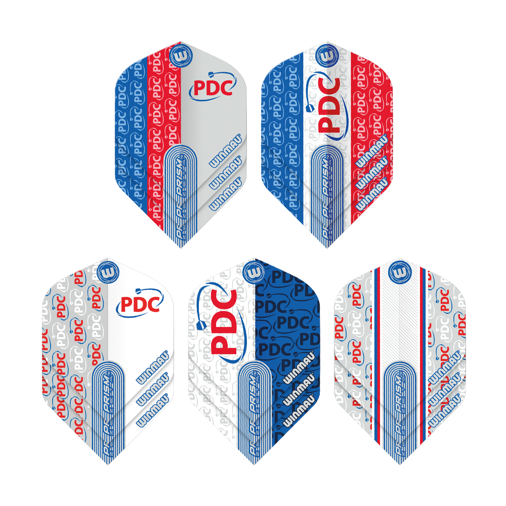 Das Bild zeigt die "Winmau PDC Prism Flight Collection" mit fünf unterschiedlichen Dart-Flights. Die Flights sind in den Farben Blau, Rot und Weiß gehalten und mit den Logos "PDC" und "Winmau" bedruckt.