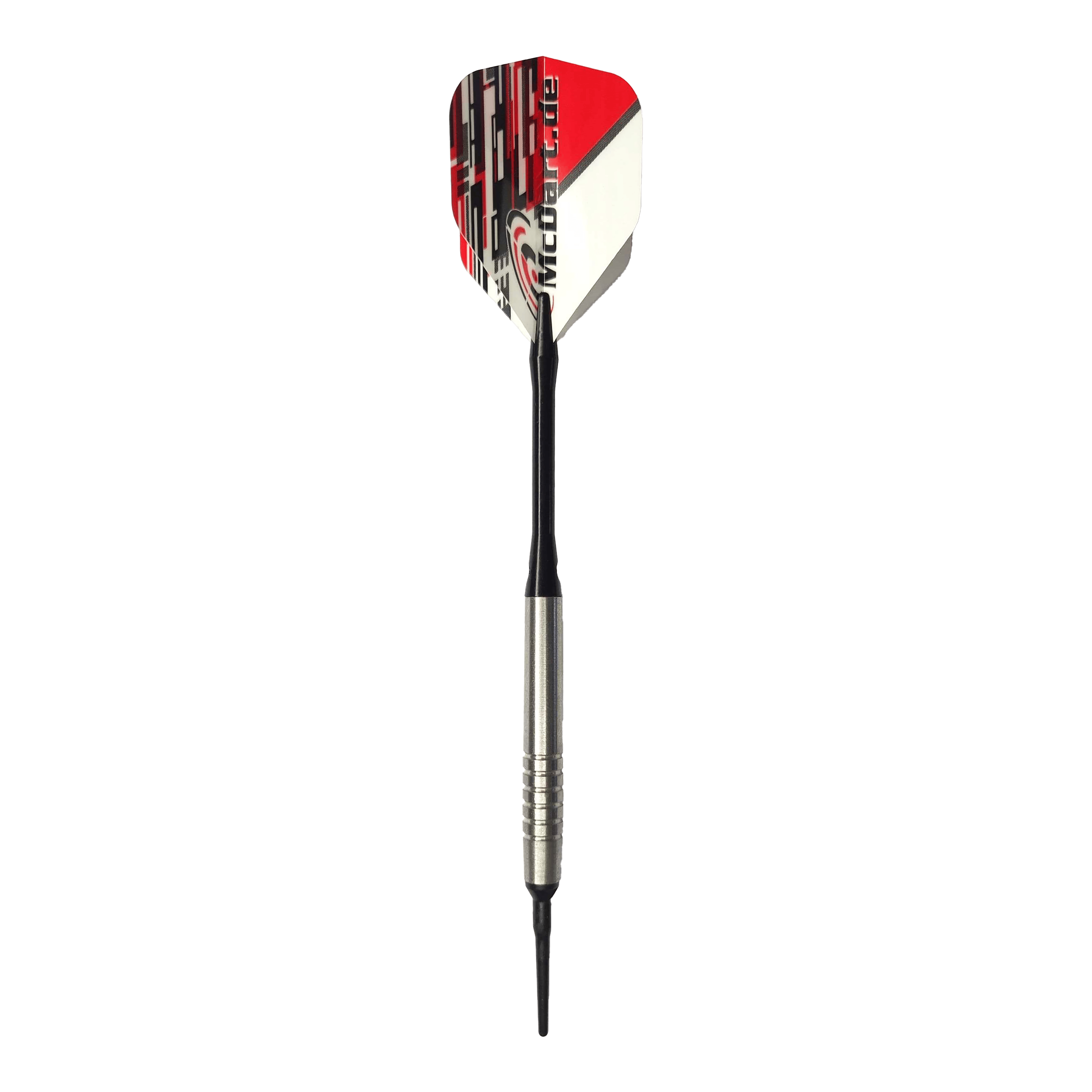 Šipky McDart 85 Tungsten V14 Soft - 17g Das Bild zeigt einen McDart 85er Tungsten V14 Softdart mit einem Gewicht von 17 Gramm. Der Dart hat eine silberne Spitze, einen schwarzen Schaft und eine rot-weiße Flights.