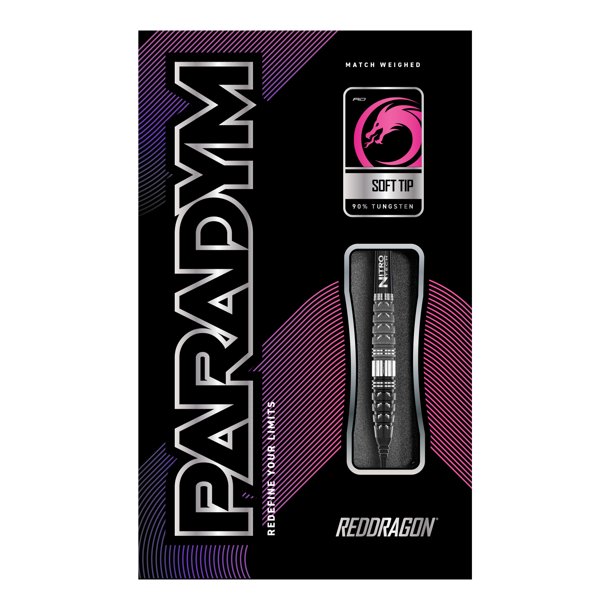 Das Bild zeigt die Verpackung der Red Dragon Paradym Torpedo Softdarts mit einem Gewicht von 20g. Auf der Verpackung sind ein Dartpfeil, das Red Dragon Logo und moderne Designelemente in Schwarz, Pink und Lila zu sehen.